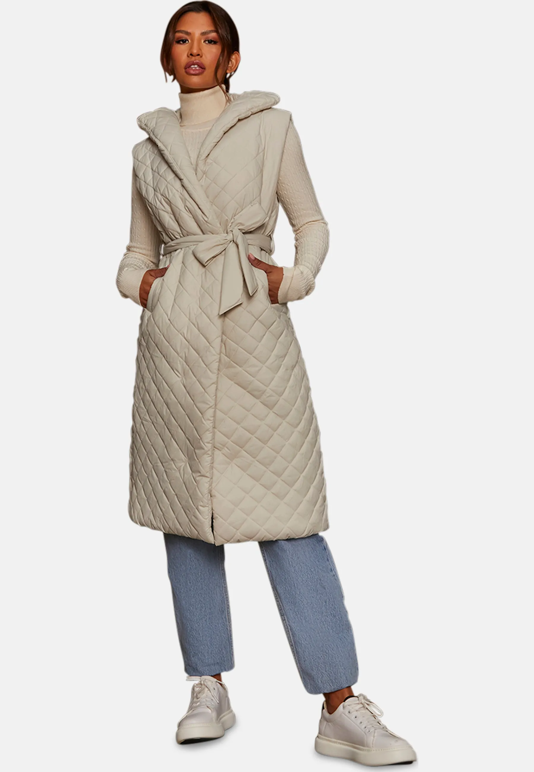 Diamond Quilted Longline Belted Gilet in Cream sold by Chi Chi London product image thumbnail 5