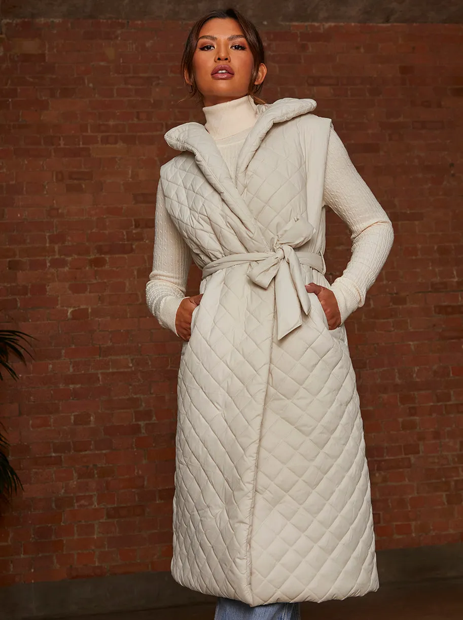Diamond Quilted Longline Belted Gilet in Cream sold by Chi Chi London product image thumbnail 3