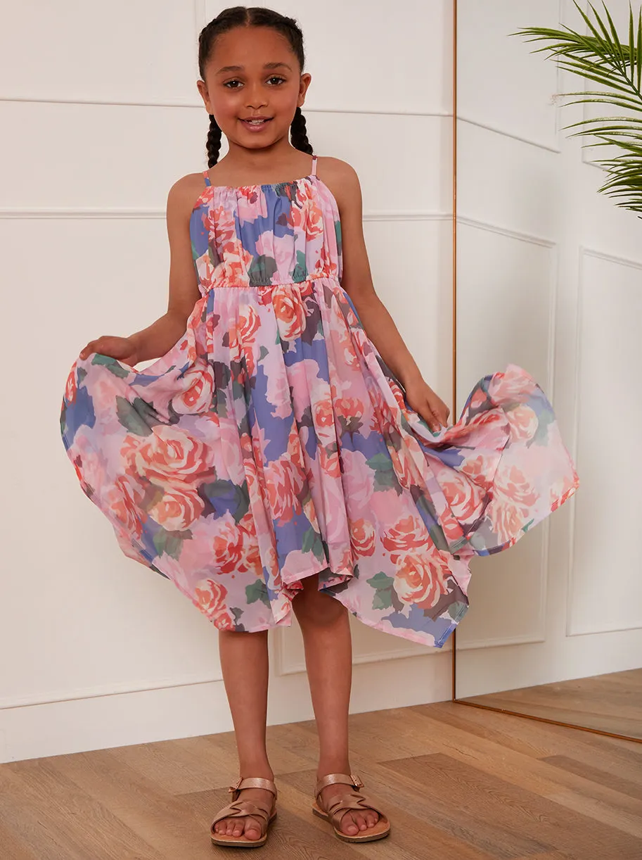 Younger Girls Cami Floral Hanky Hem Midi Dress in Pink sold by Chi Chi London
