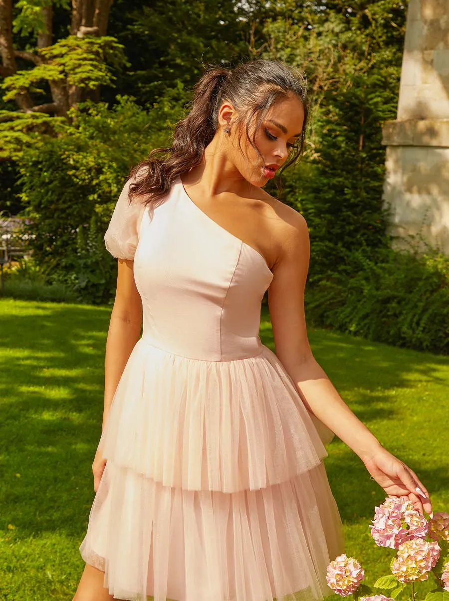 One Shoulder Puff Sleeve Tulle Tiered Mini Dress in Pink sold by Chi Chi London product image thumbnail 5
