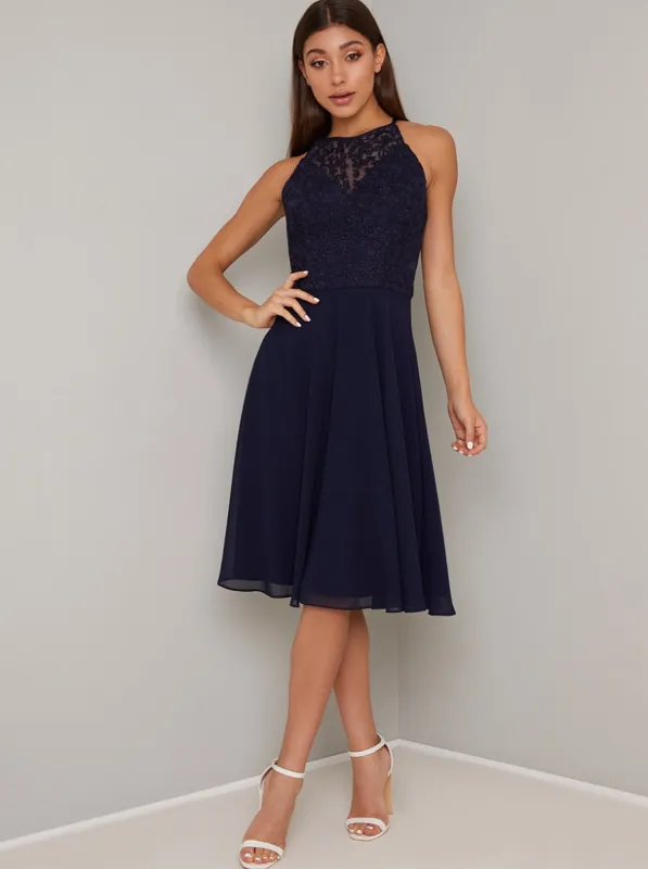 Halter Neck Lace Bodice Midi Dress in Blue sold by Chi Chi London