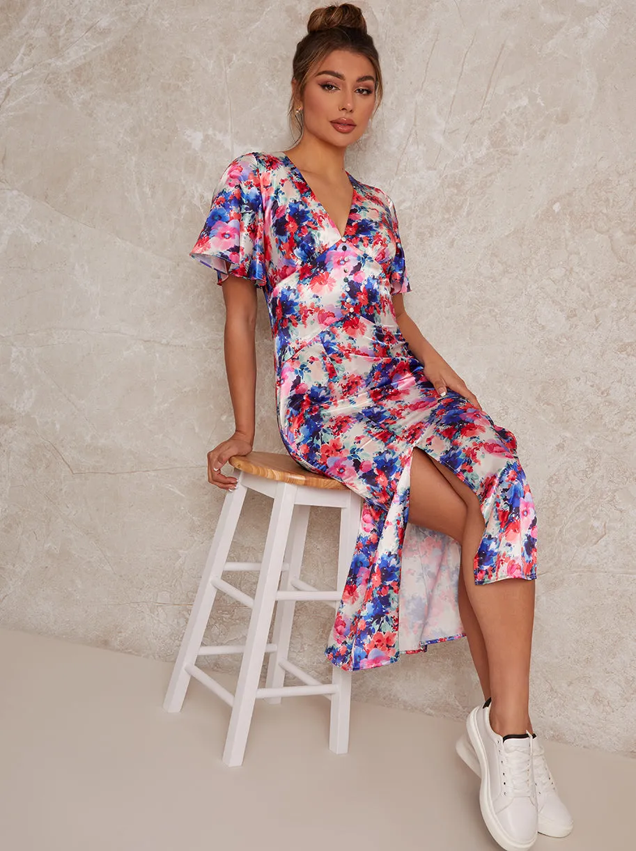 Flutter Sleeve Floral Print Midi Day Dress in White sold by Chi Chi London product image thumbnail 3