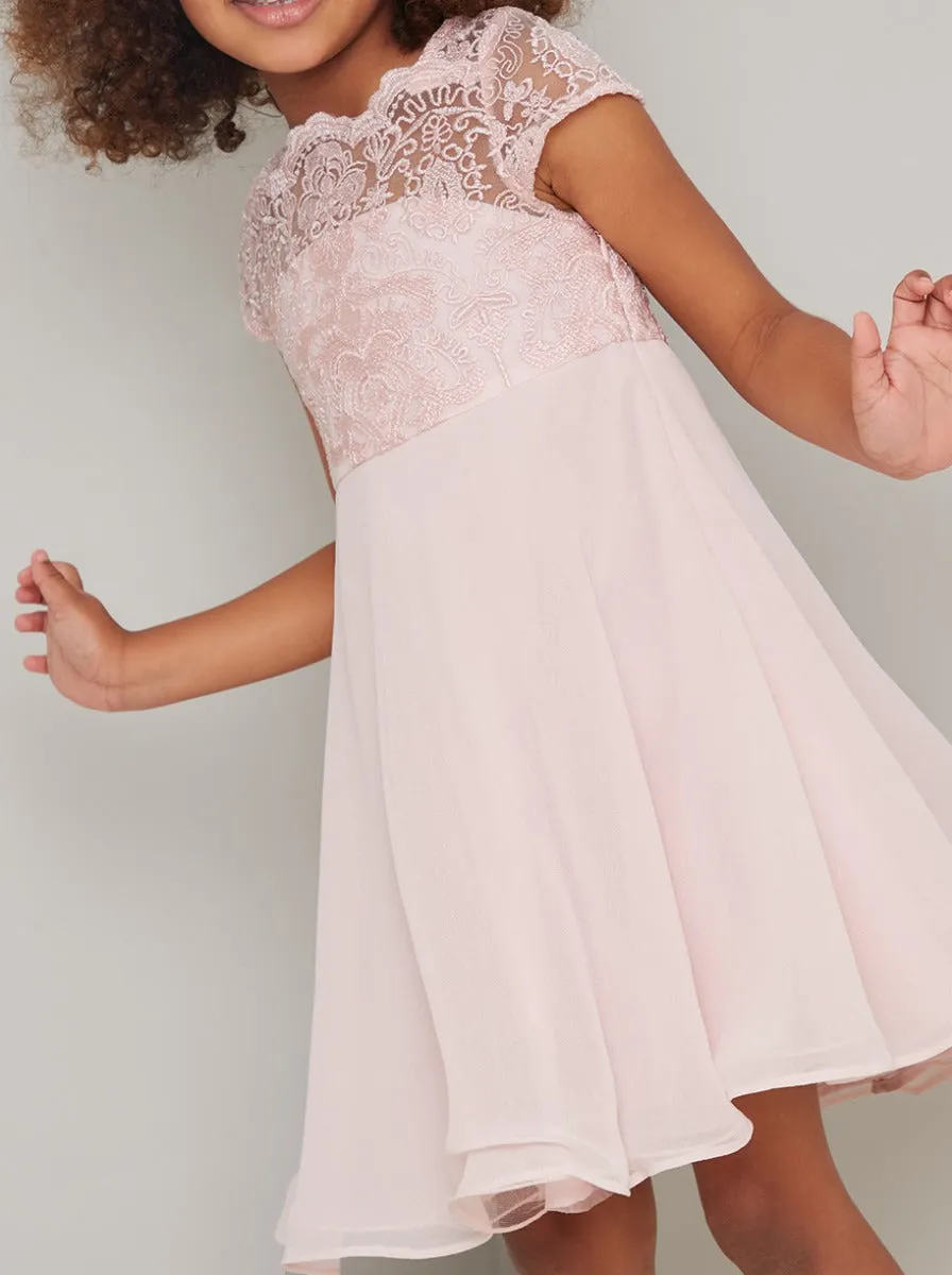 Girls Lace Cap Sleeved Chiffon Midi Dress in Pink sold by Chi Chi London product image thumbnail 3