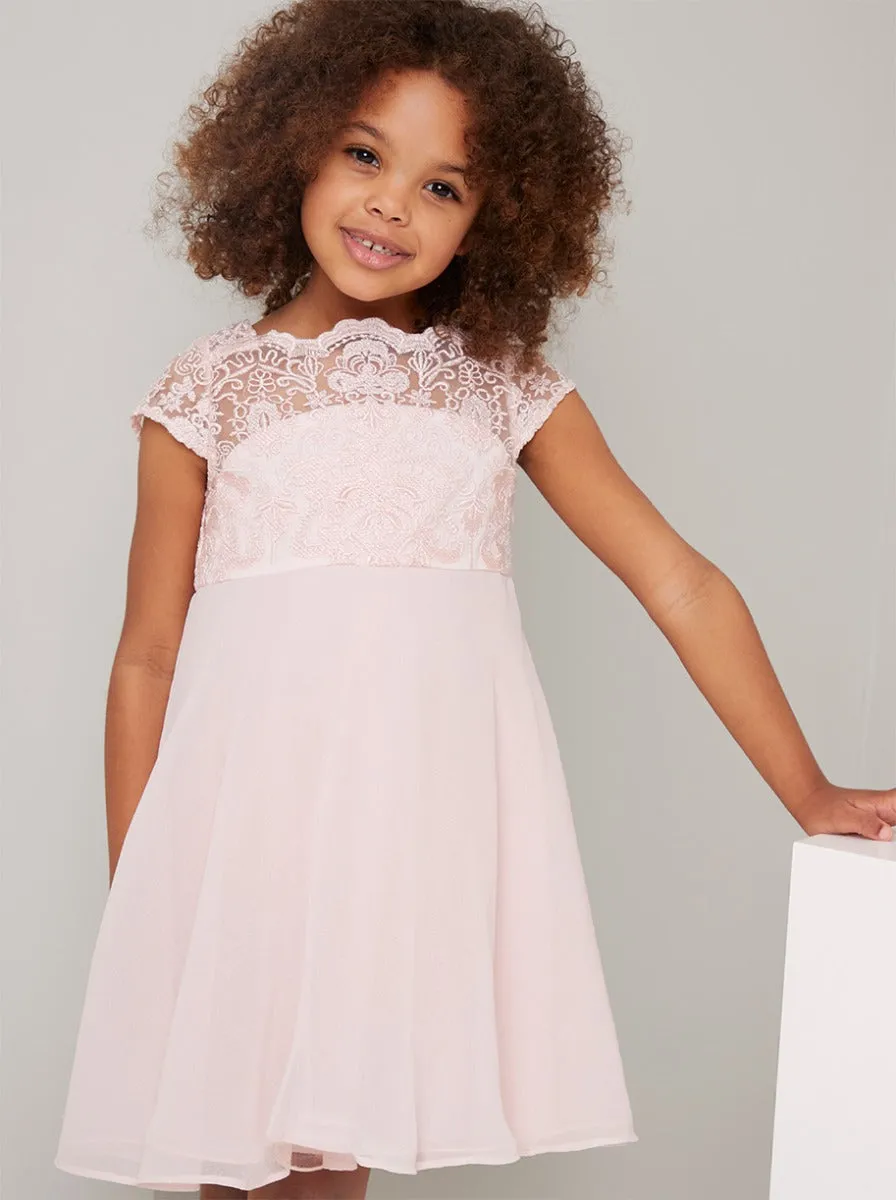 Girls Lace Cap Sleeved Chiffon Midi Dress in Pink sold by Chi Chi London
