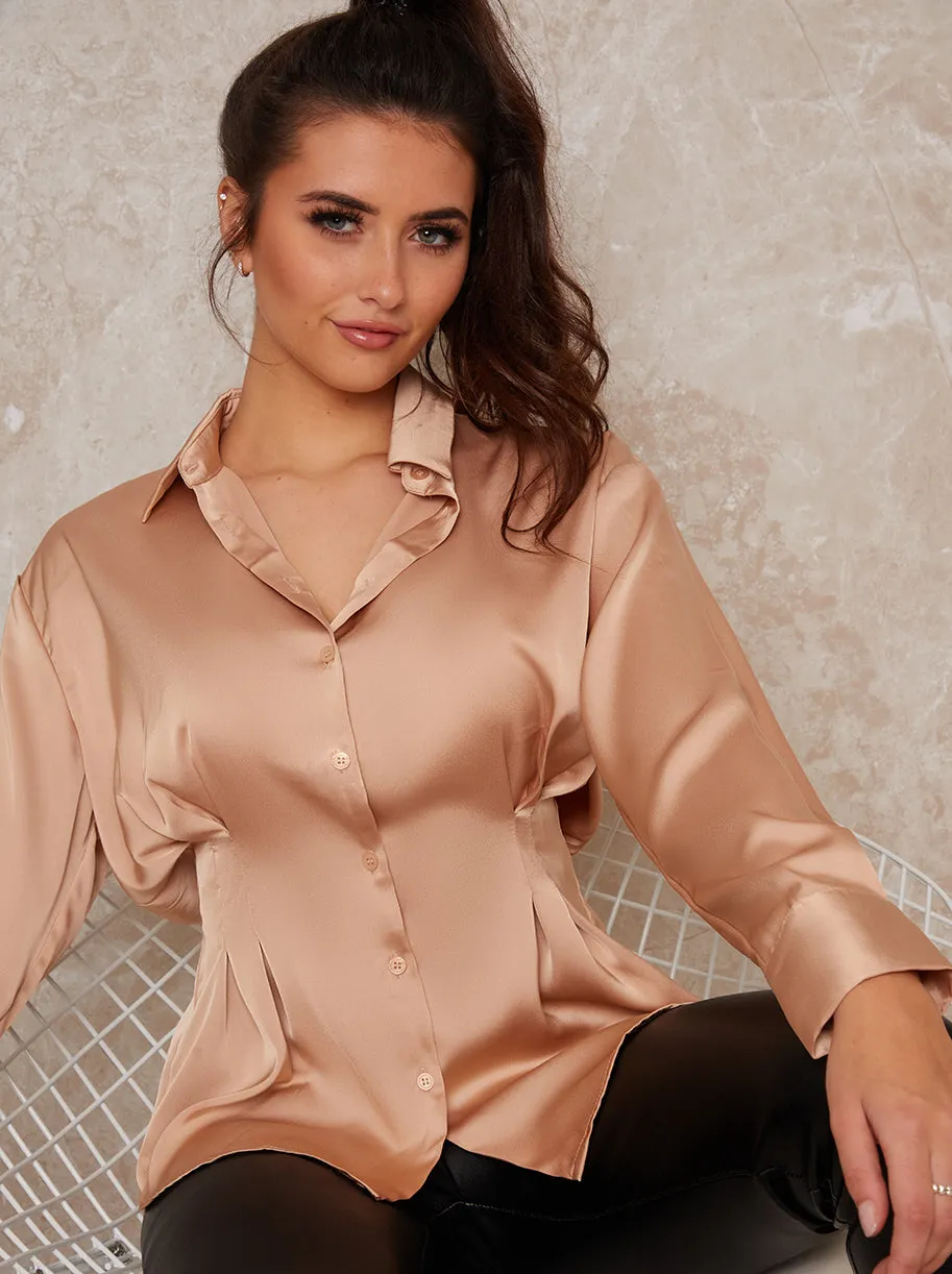 Satin Pleat Waist Button Through Shirt In Champagne sold by Chi Chi London product image thumbnail 2