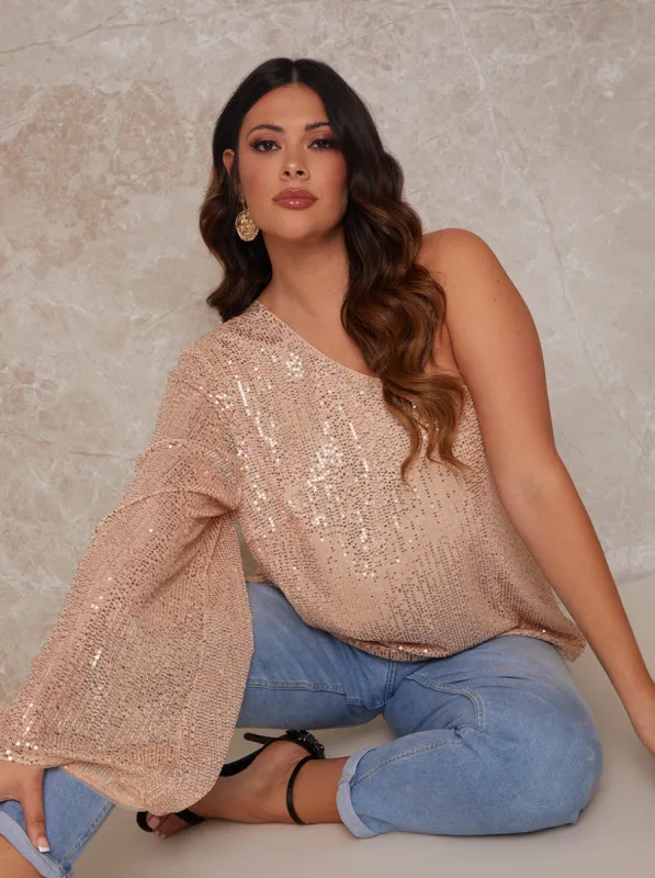Plus Size One Shoulder Sequin Top in Gold sold by Chi Chi London