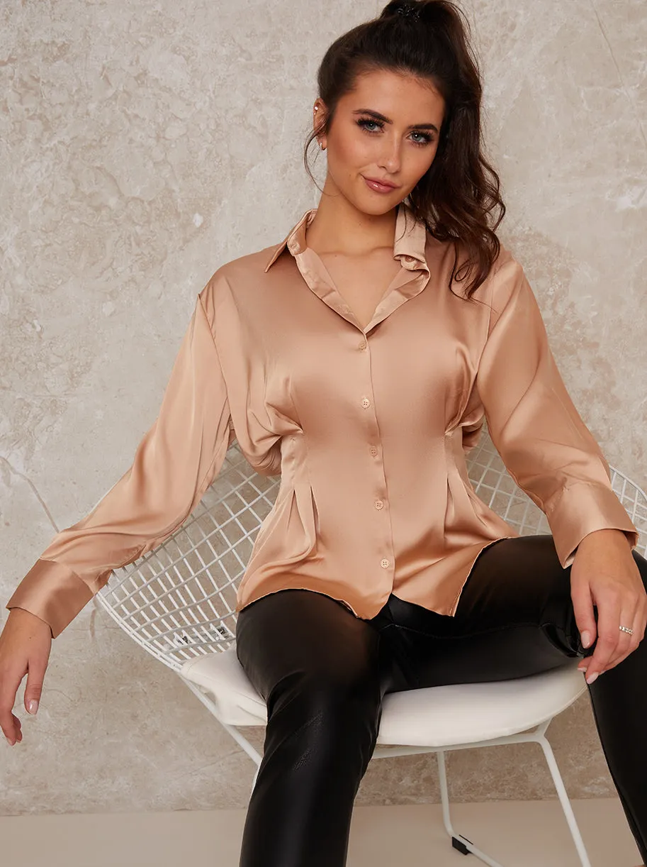 Satin Pleat Waist Button Through Shirt In Champagne sold by Chi Chi London product image thumbnail 3