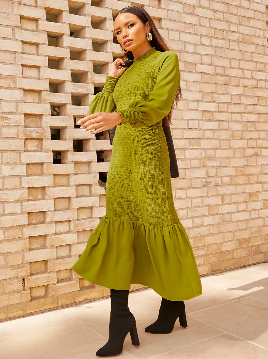 Long Sleeve Shirred Maxi Dress in Green sold by Chi Chi London product image thumbnail 2