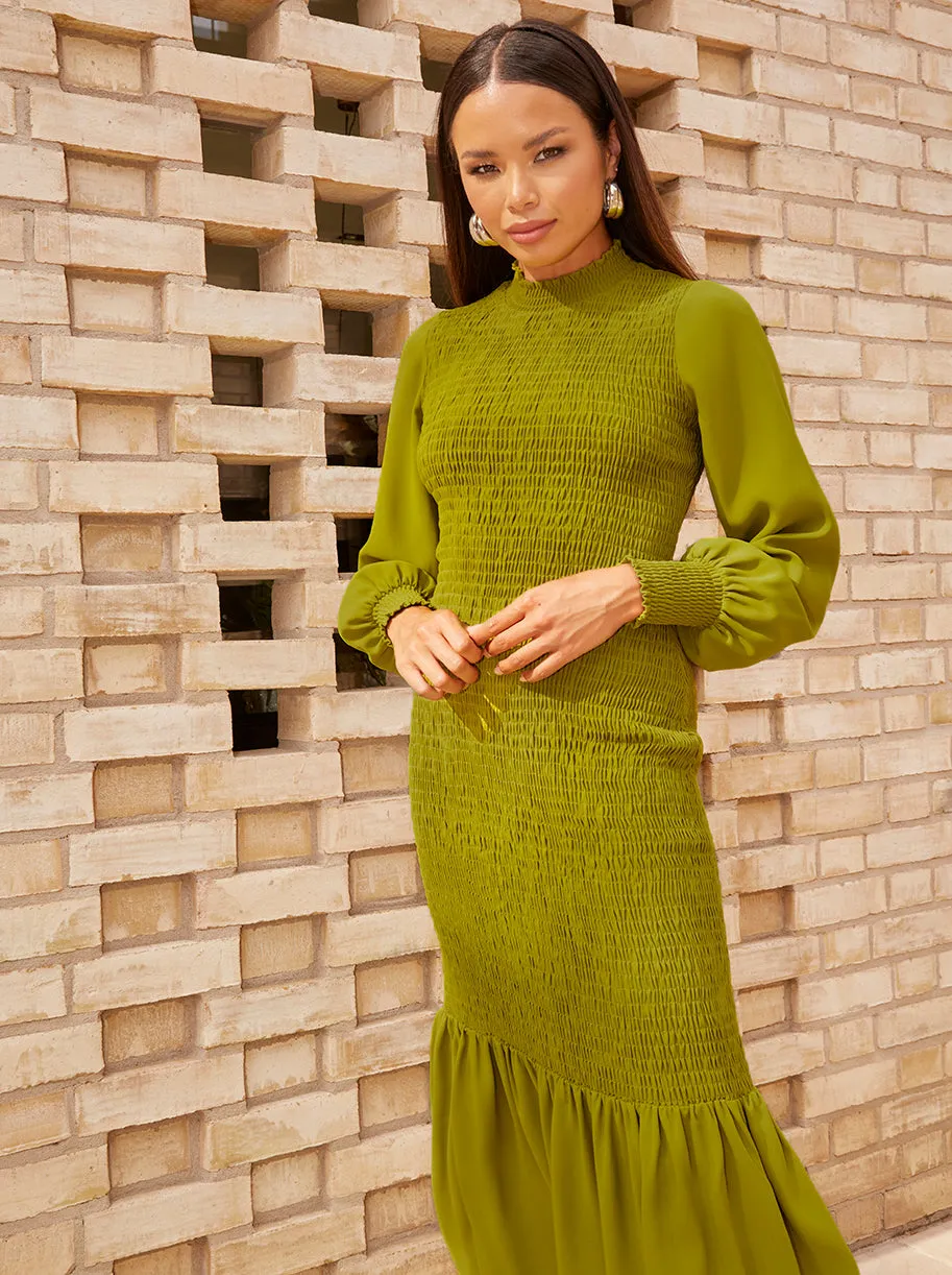 Long Sleeve Shirred Maxi Dress in Green sold by Chi Chi London product image thumbnail 3