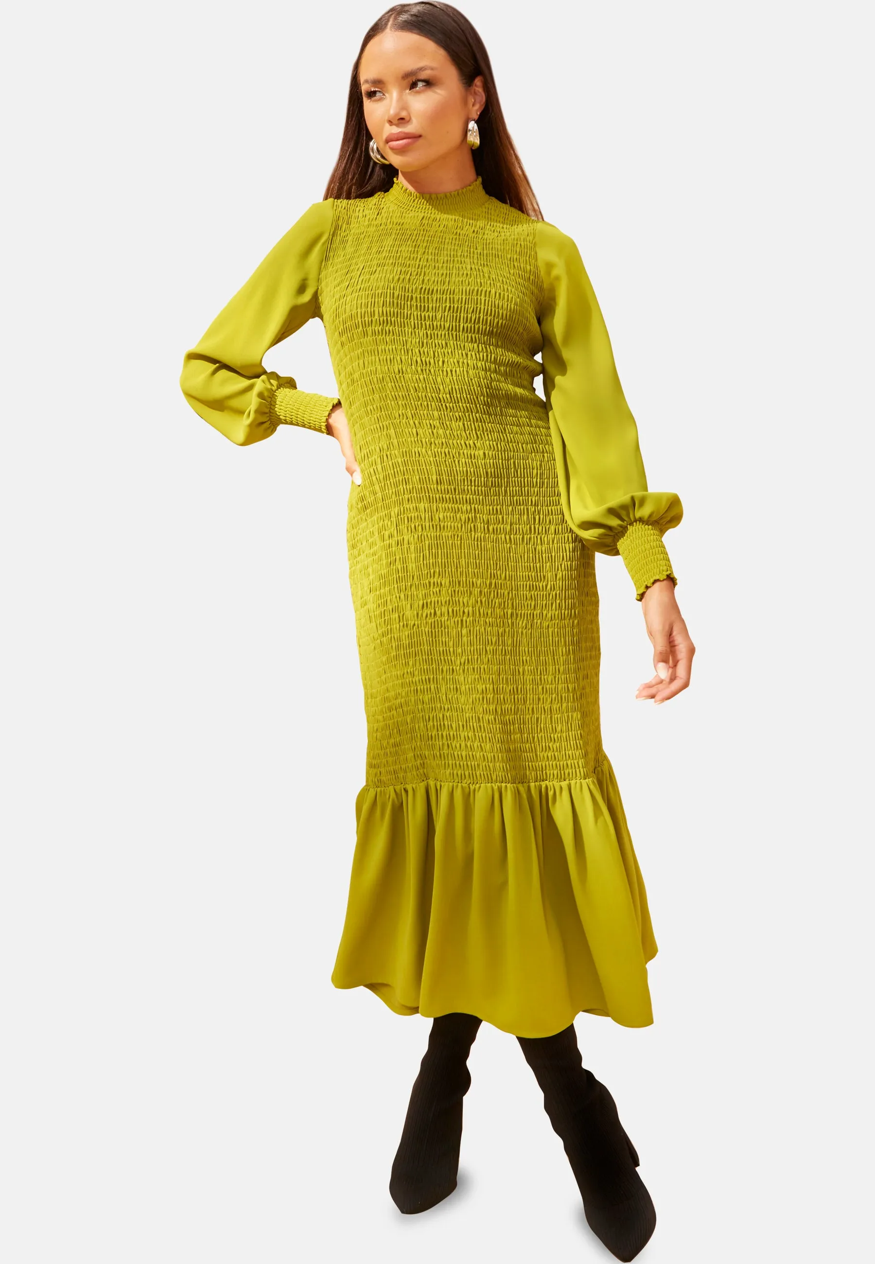 Long Sleeve Shirred Maxi Dress in Green sold by Chi Chi London product image thumbnail 5