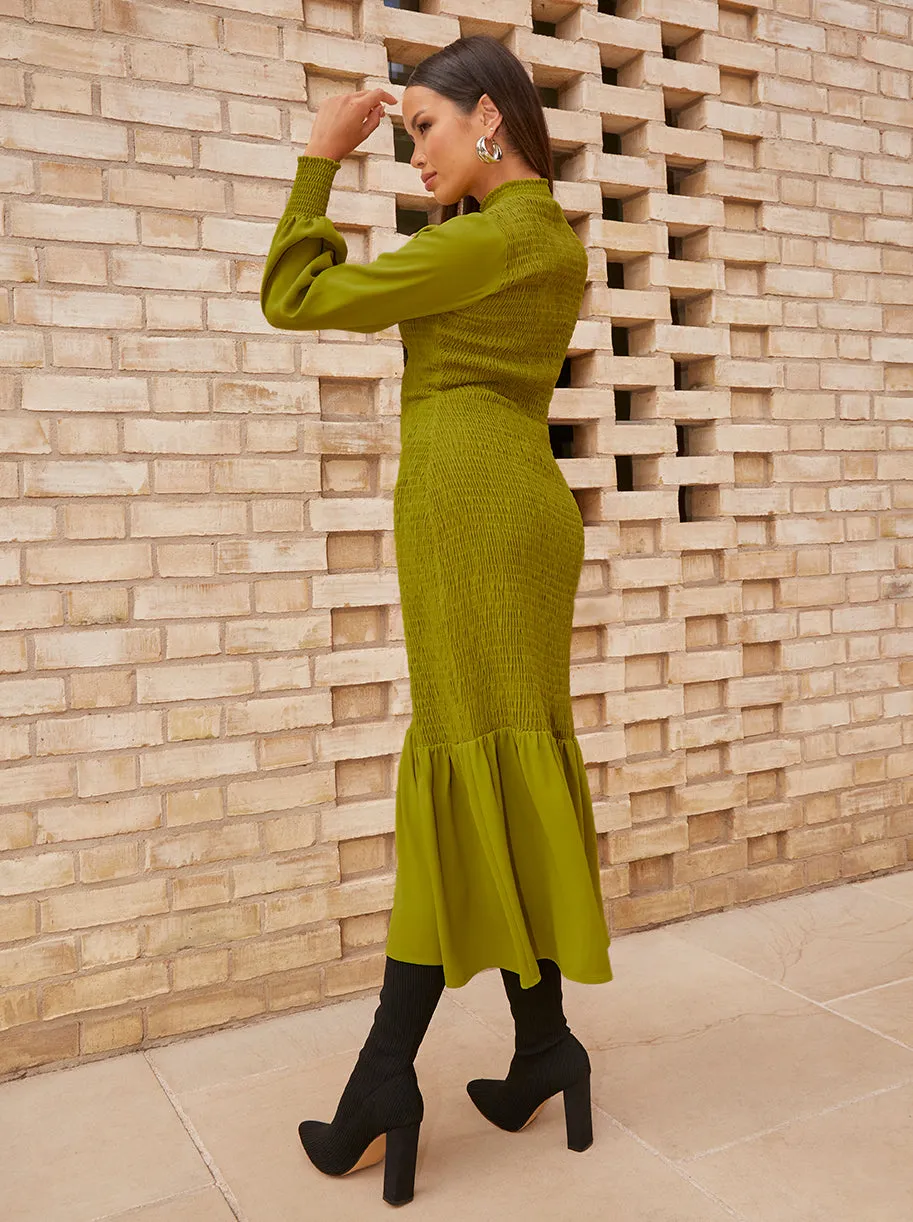 Long Sleeve Shirred Maxi Dress in Green sold by Chi Chi London product image thumbnail 4