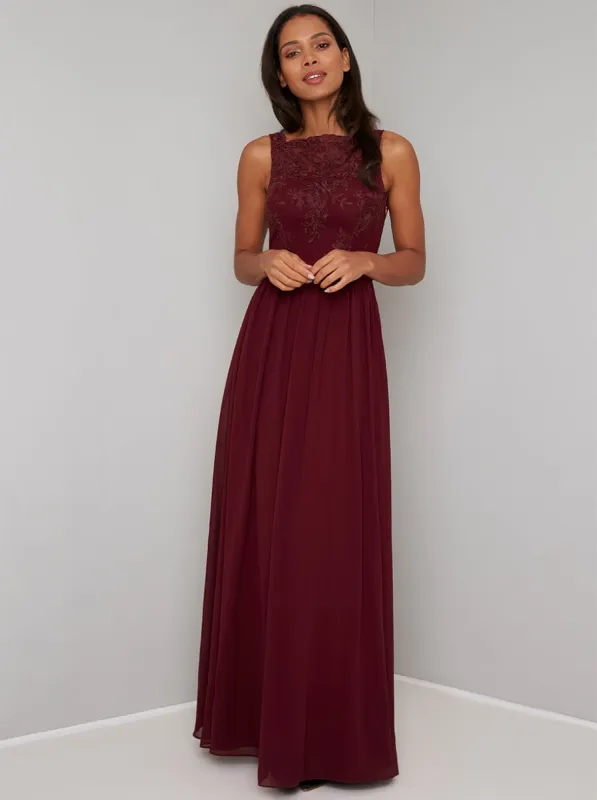 Lace Bodice Chiffon Maxi Dress in Red sold by Chi Chi London
