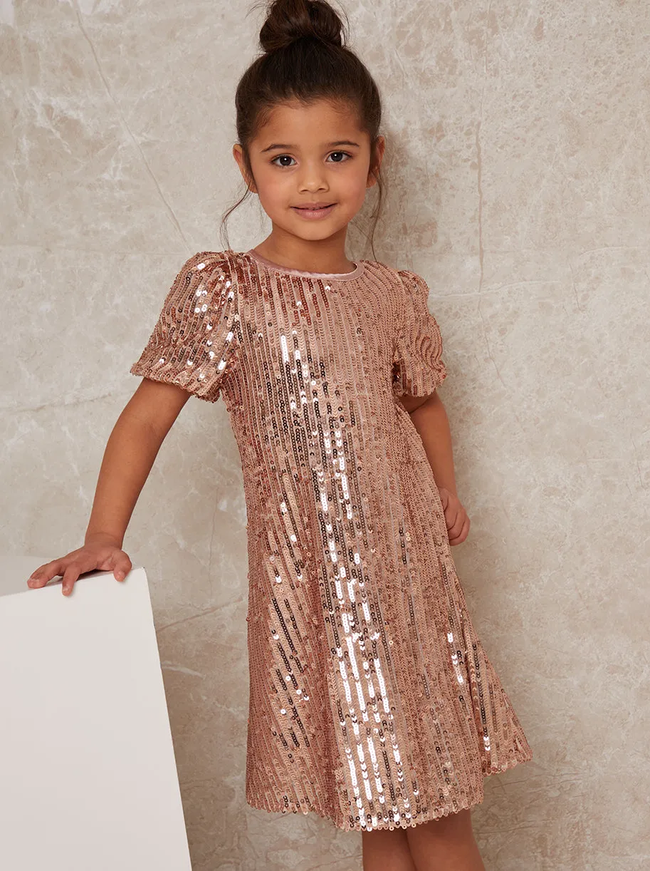 Girls Sequin T-shirt Dress in Rose Gold sold by Chi Chi London