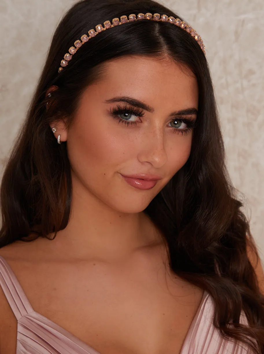 Jewelled Square Statement Occasion Headband In Pink sold by Chi Chi London