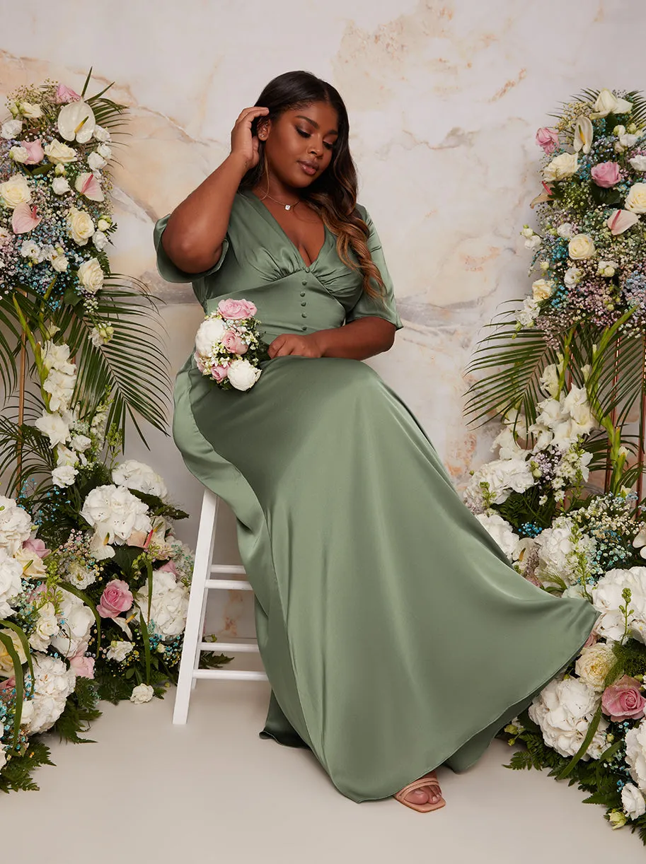 Plus Size Flutter Sleeve V Neck Satin Maxi Dress in Green sold by Chi Chi London product image thumbnail 2