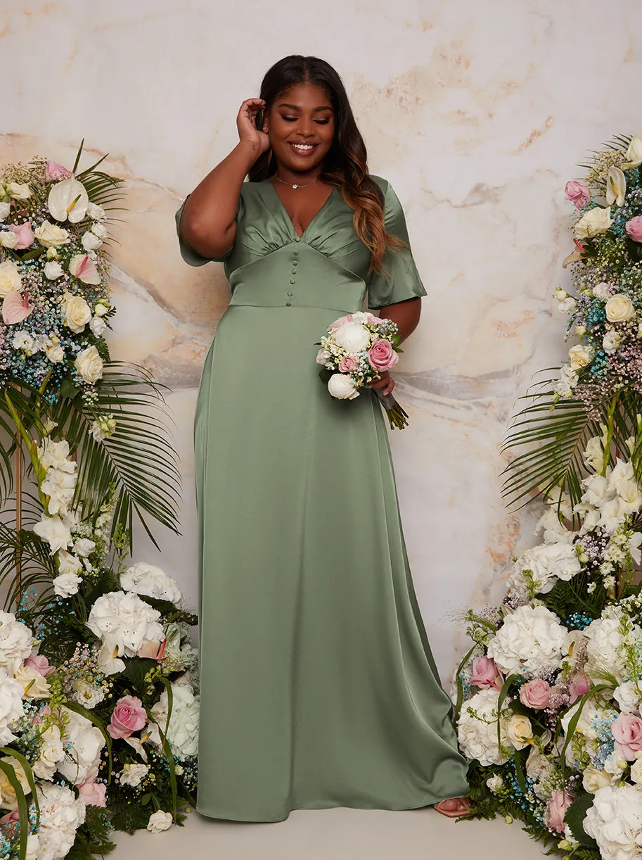 Plus Size Flutter Sleeve V Neck Satin Maxi Dress in Green sold by Chi Chi London product image thumbnail 4