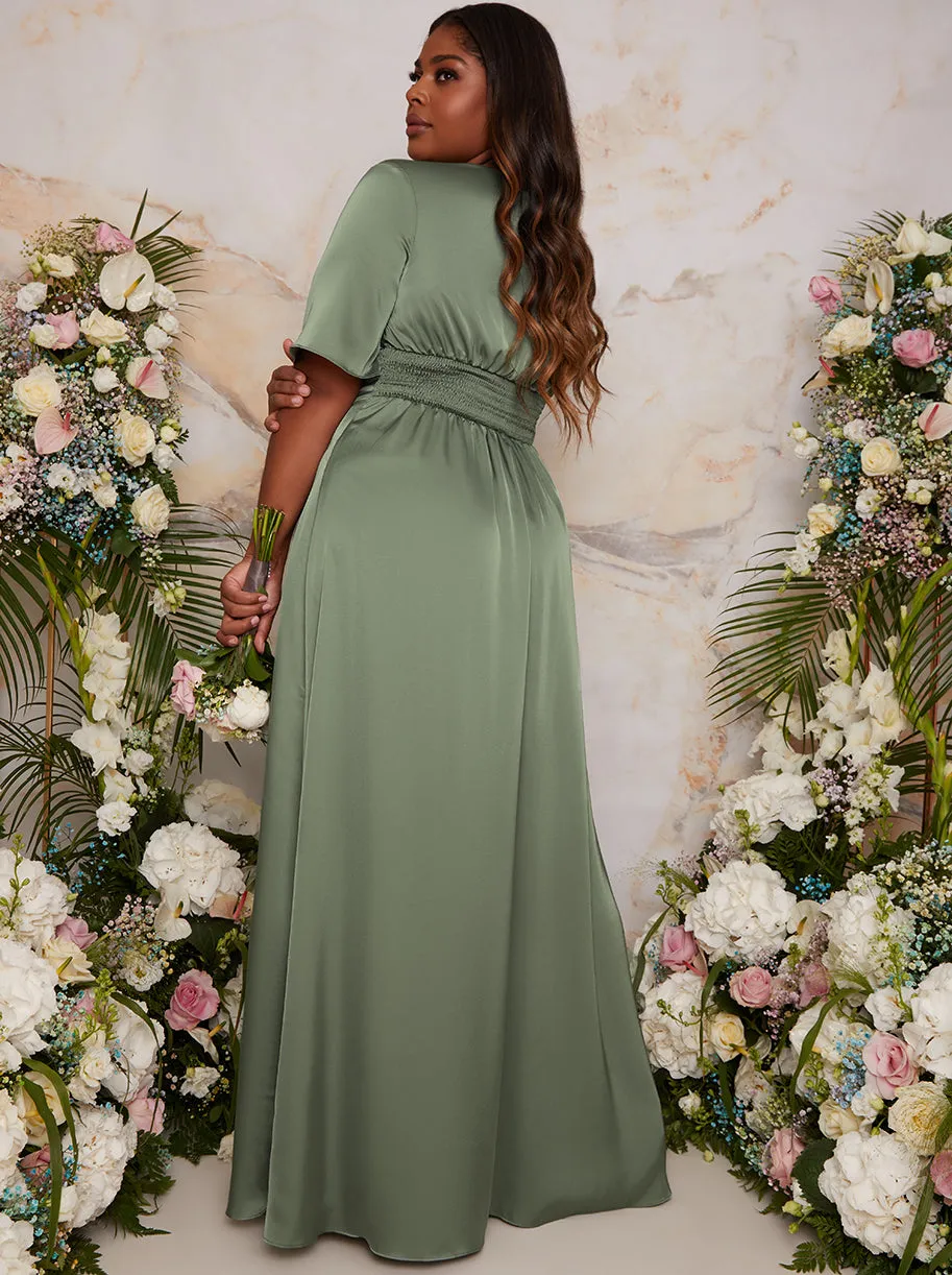 Plus Size Flutter Sleeve V Neck Satin Maxi Dress in Green sold by Chi Chi London product image thumbnail 3
