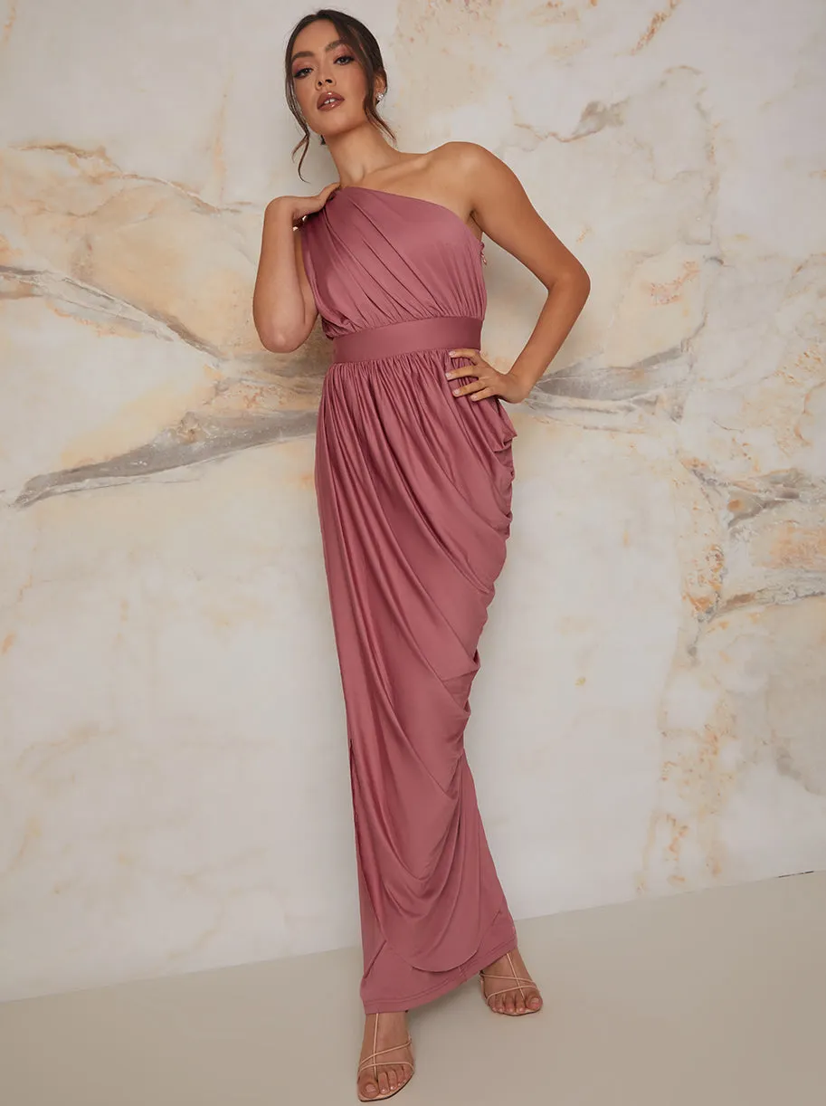 One Shoulder Drape Style Maxi Dress in Pink sold by Chi Chi London