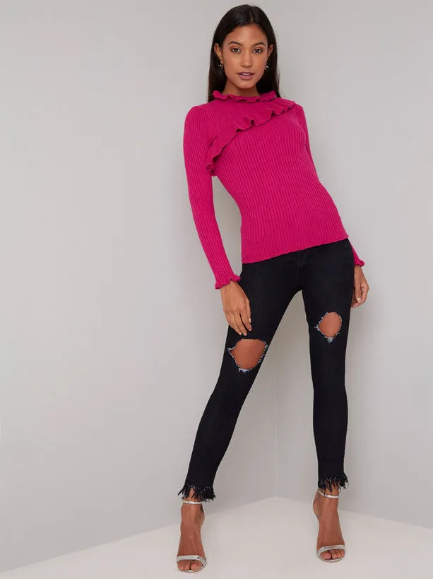 Ruffle Detail Rib Jumper in Pink sold by Chi Chi London product image thumbnail 2
