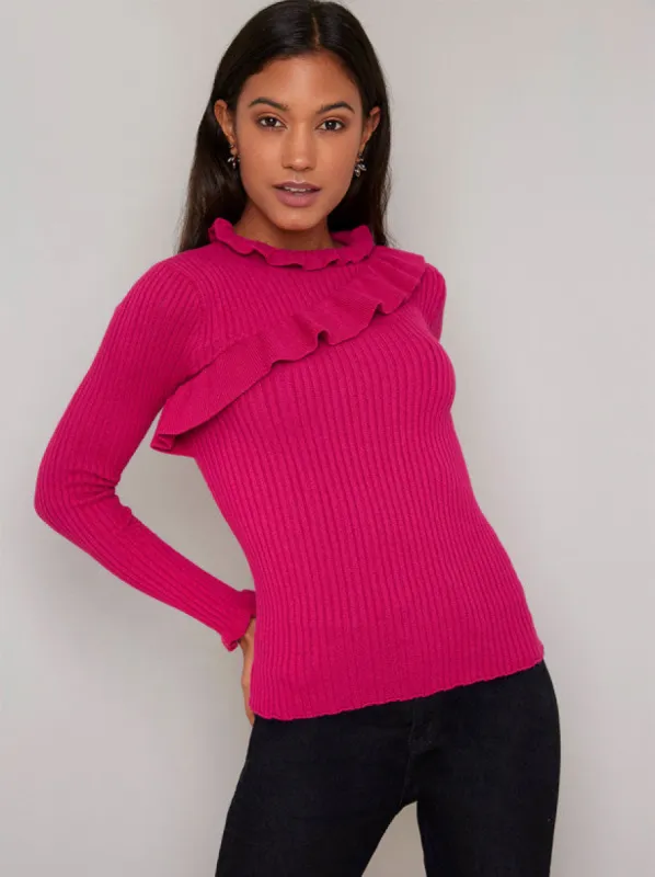 Ruffle Detail Rib Jumper in Pink sold by Chi Chi London