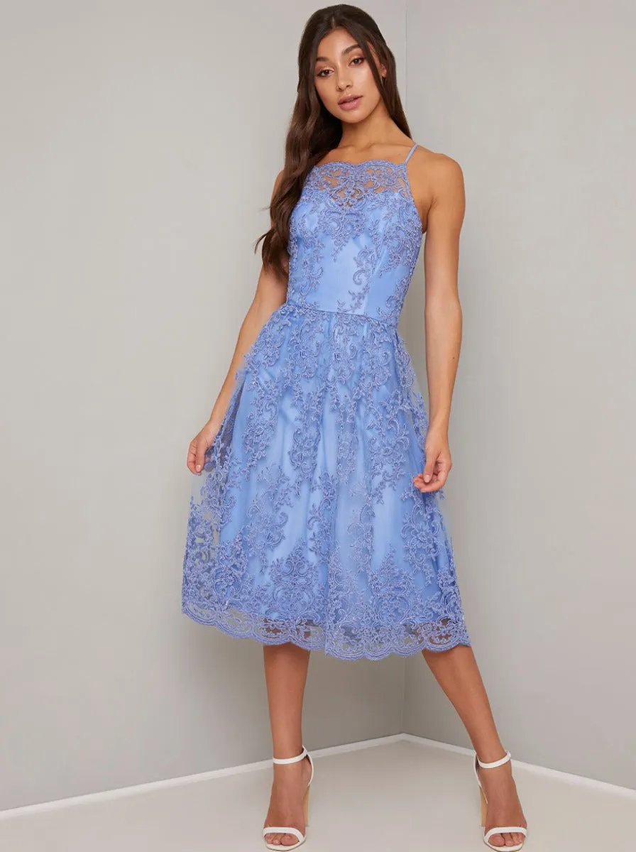 Cami Strap Lace Embroidered Midi Dress in Blue sold by Chi Chi London