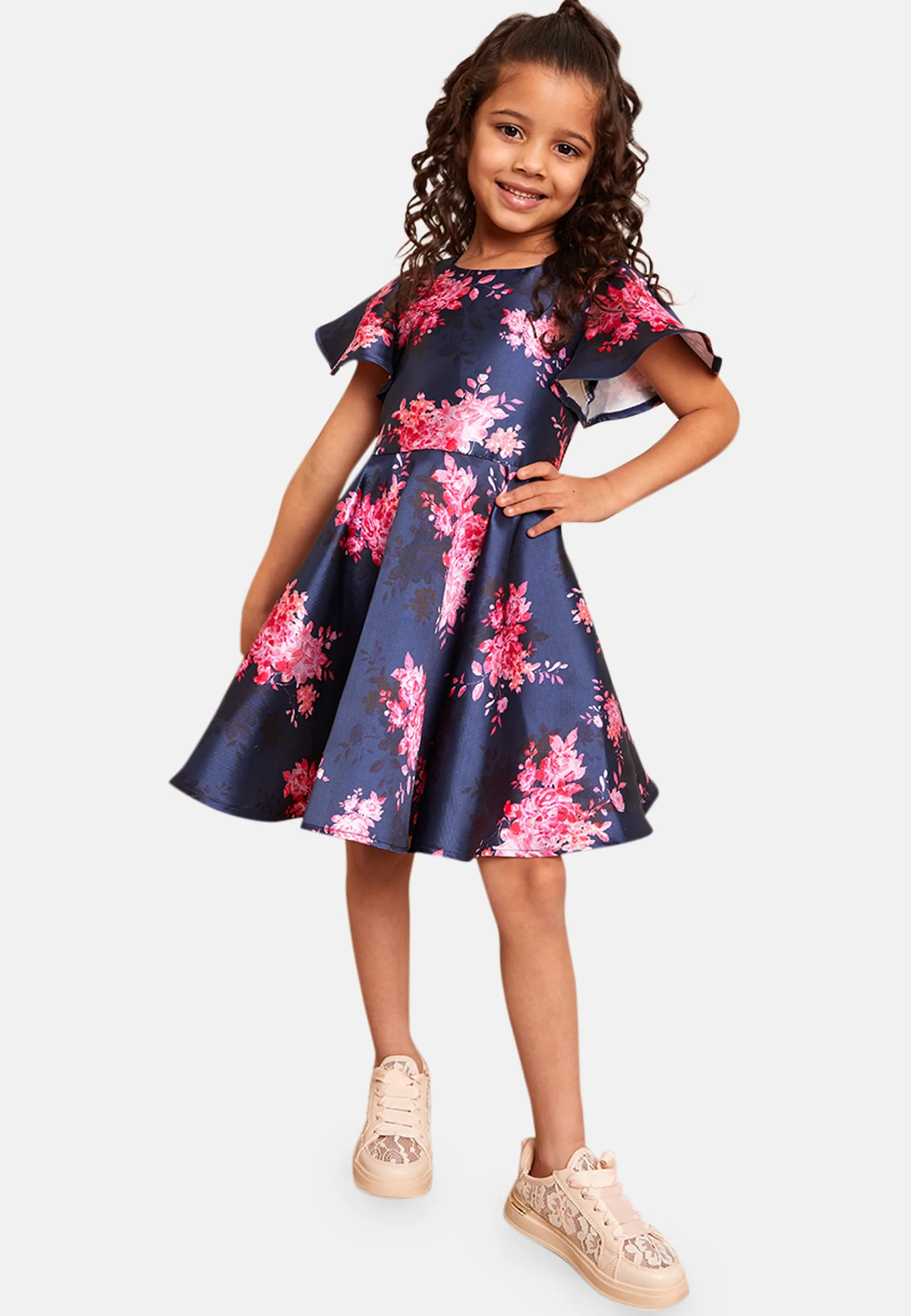 Younger Girls Flutter Sleeve Floral Midi Dress in Navy sold by Chi Chi London product image thumbnail 5