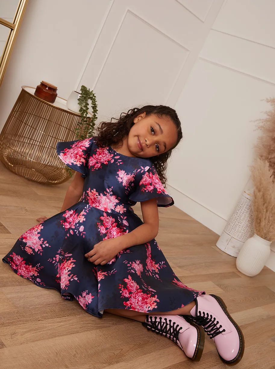 Younger Girls Flutter Sleeve Floral Midi Dress in Navy sold by Chi Chi London product image thumbnail 3