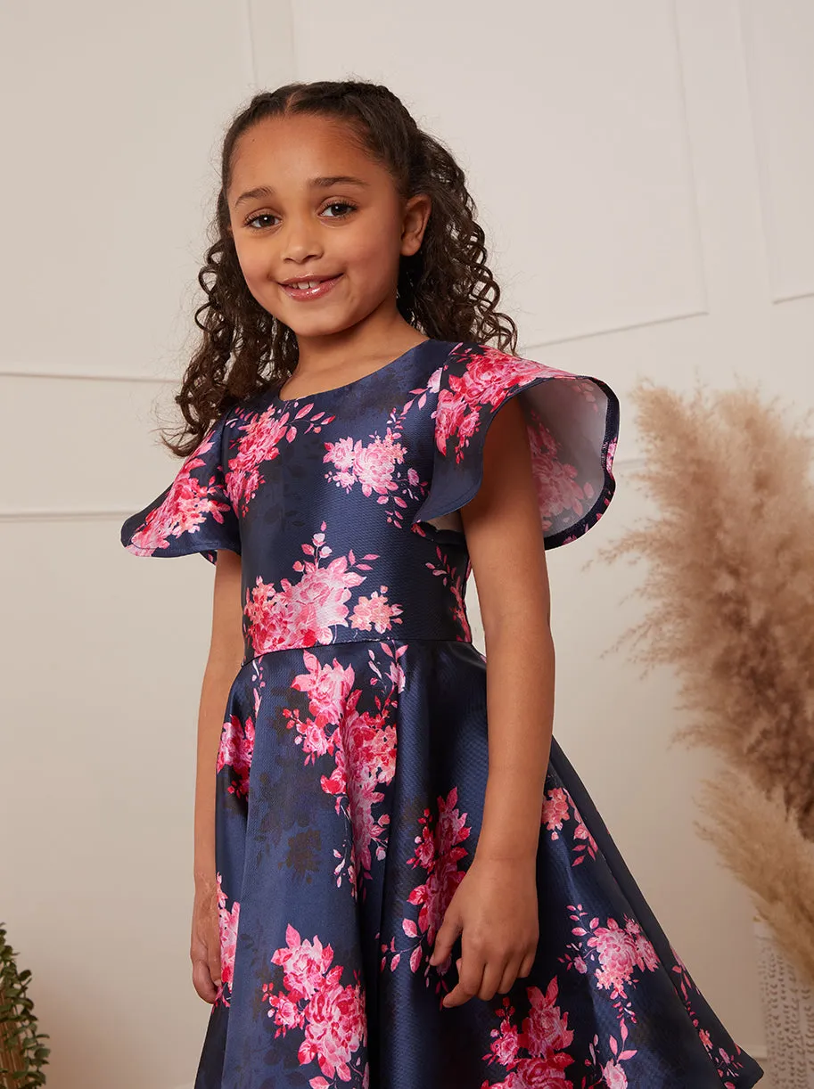 Younger Girls Flutter Sleeve Floral Midi Dress in Navy sold by Chi Chi London product image thumbnail 2