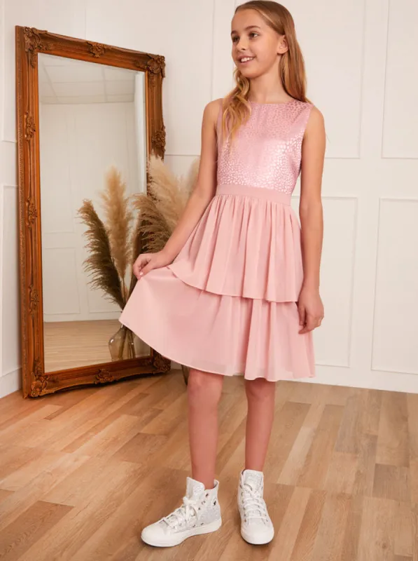 Older Girls Textured Tiered Midi Dress in Pink sold by Chi Chi London