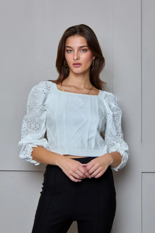 Crochet Sleeve Square Neck Jumper in White made by Chi Chi London