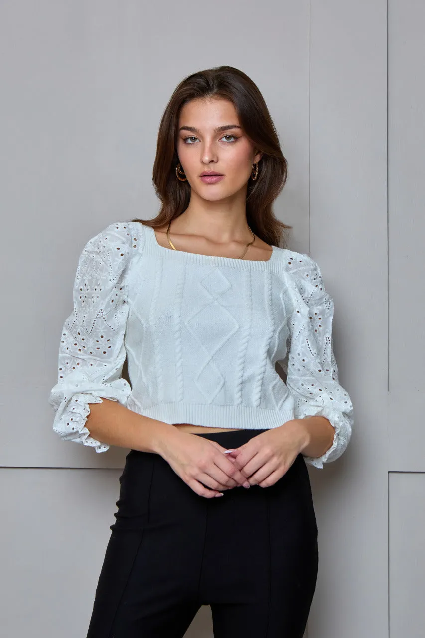 Crochet Sleeve Square Neck Jumper in White sold by Chi Chi London