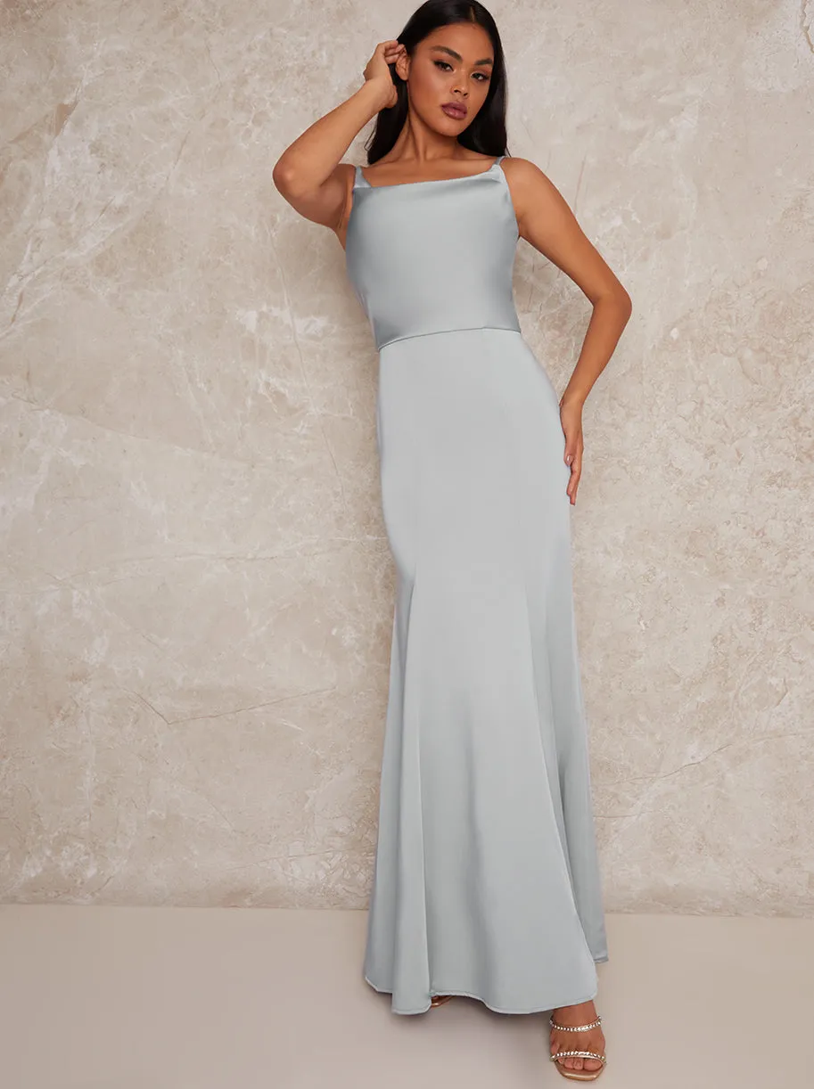 Cowl Neck Satin Slip Maxi Dress in Blue sold by Chi Chi London
