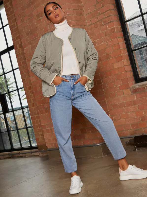 Reversible Quilted Short Jacket in Cream and Khaki made by Chi Chi London