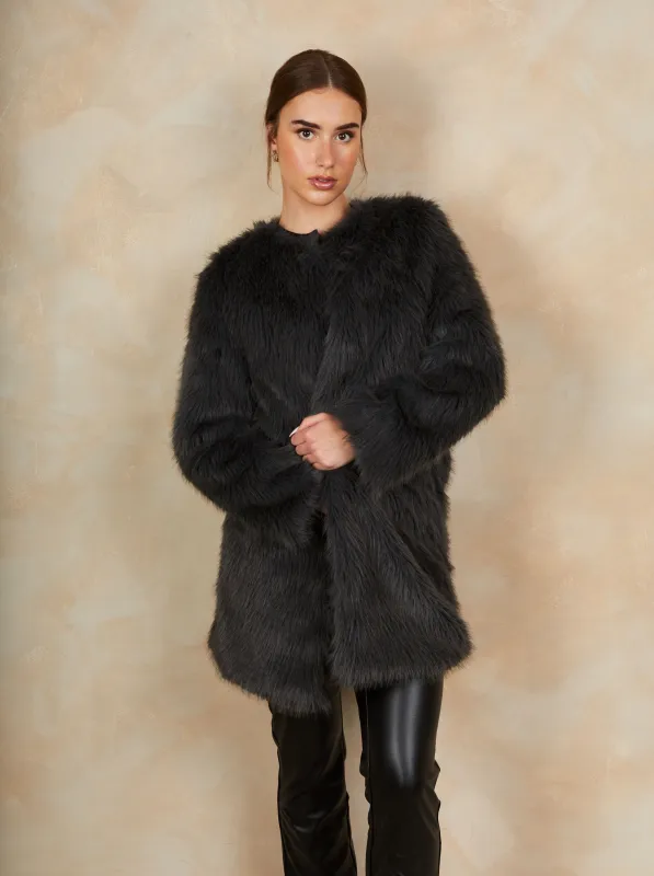 Shaggy Faux Fur Coat in Grey sold by Chi Chi London