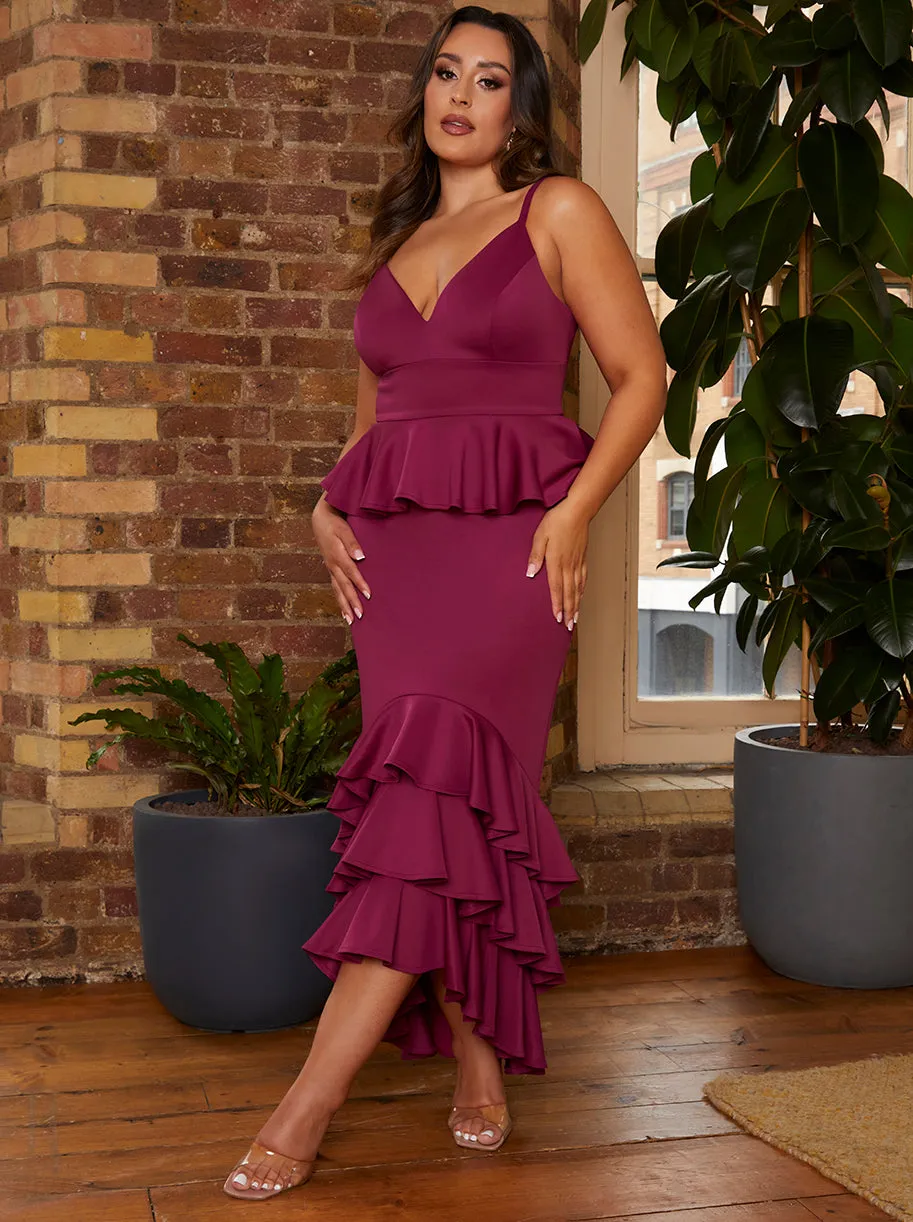 Cami Strap Ruffle Detail Bodycon Midi Dress in Berry sold by Chi Chi London