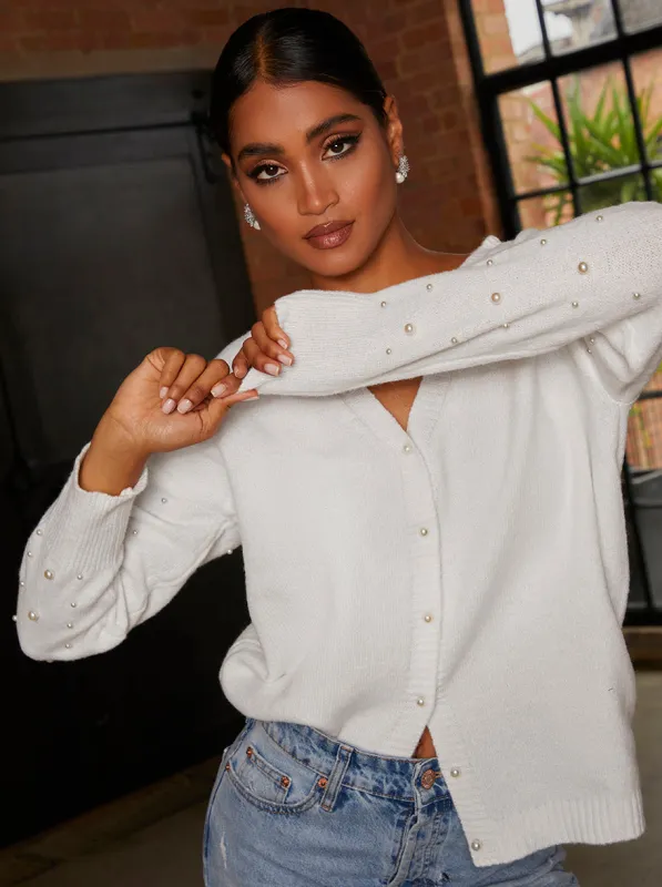 Pearl Detail Oversized Cardigan in Cream made by Chi Chi London