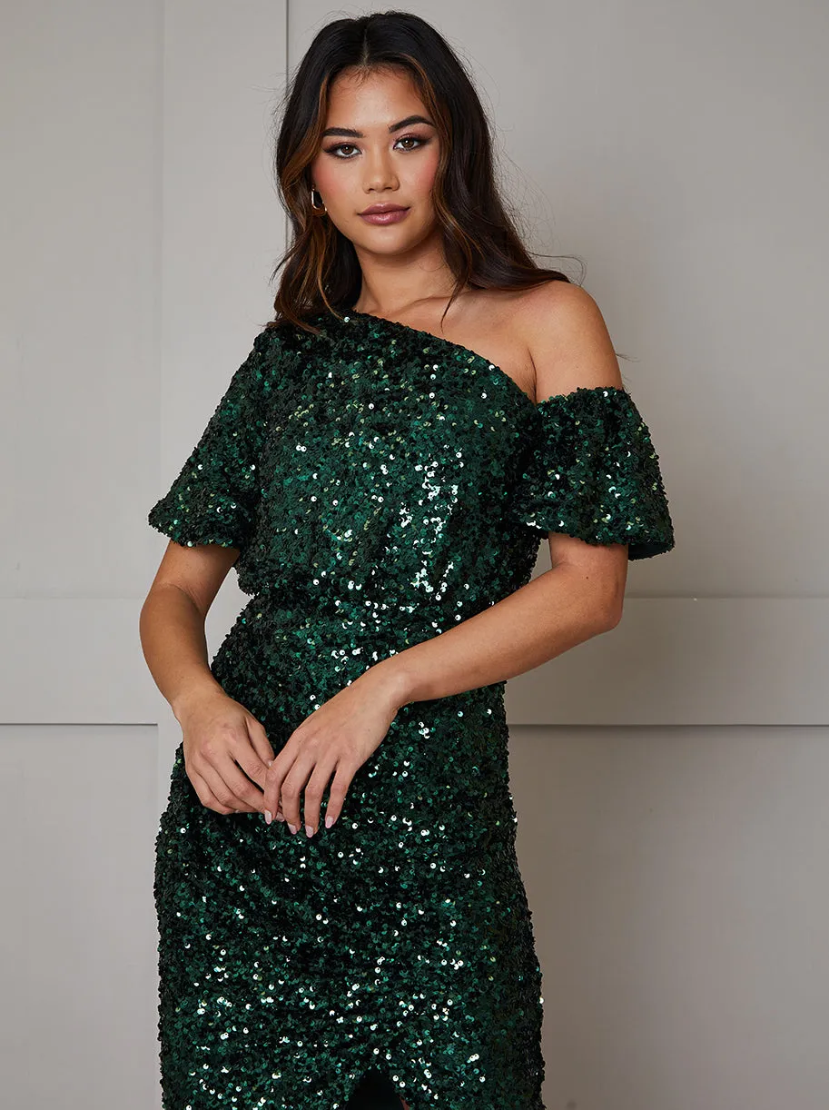 One Shoulder Ruched Sequin Midi Dress in Green sold by Chi Chi London product image thumbnail 3