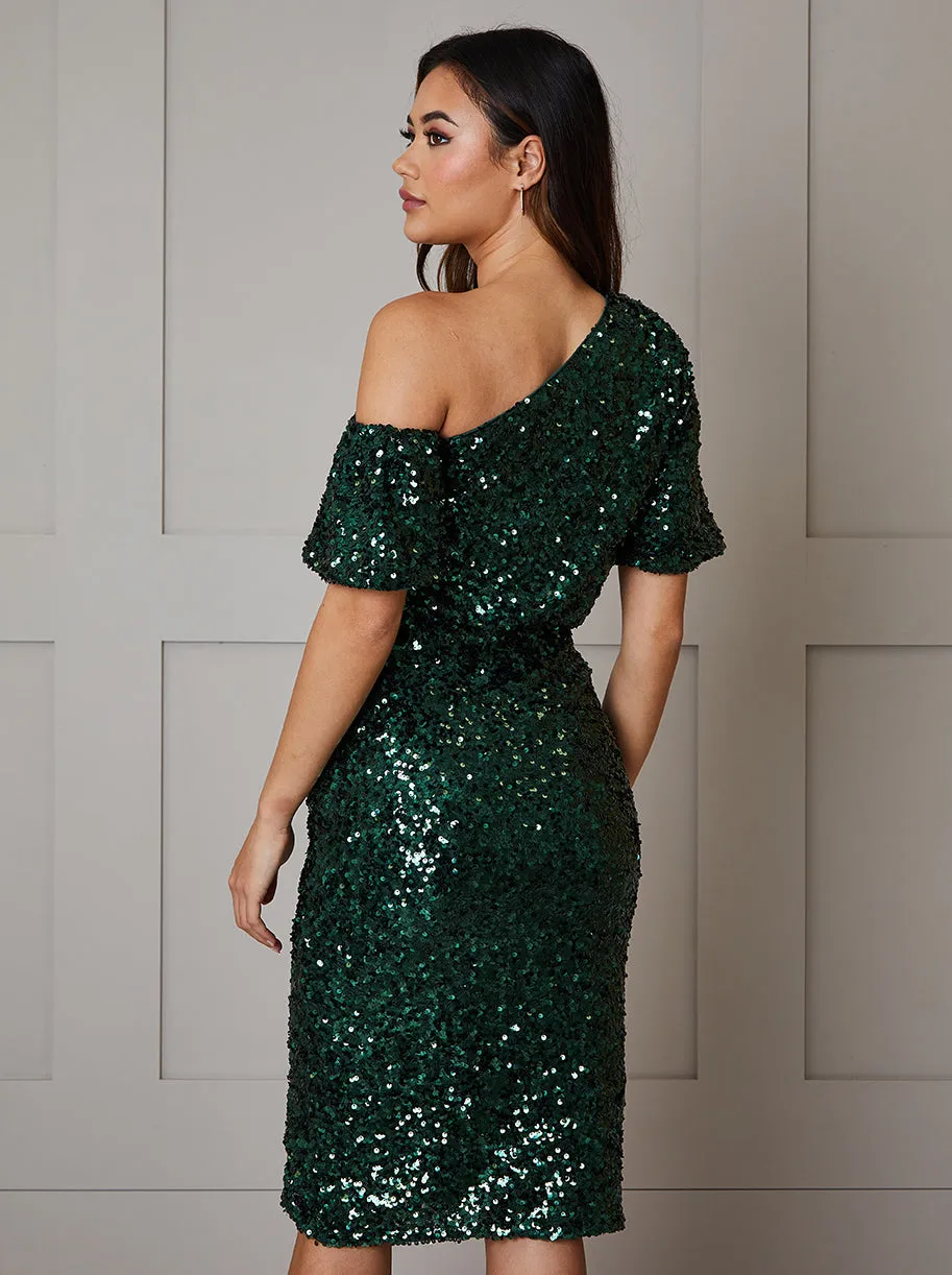 One Shoulder Ruched Sequin Midi Dress in Green sold by Chi Chi London product image thumbnail 4