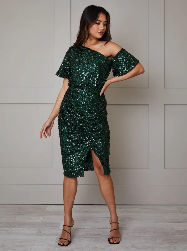 One Shoulder Ruched Sequin Midi Dress in Green made by Chi Chi London