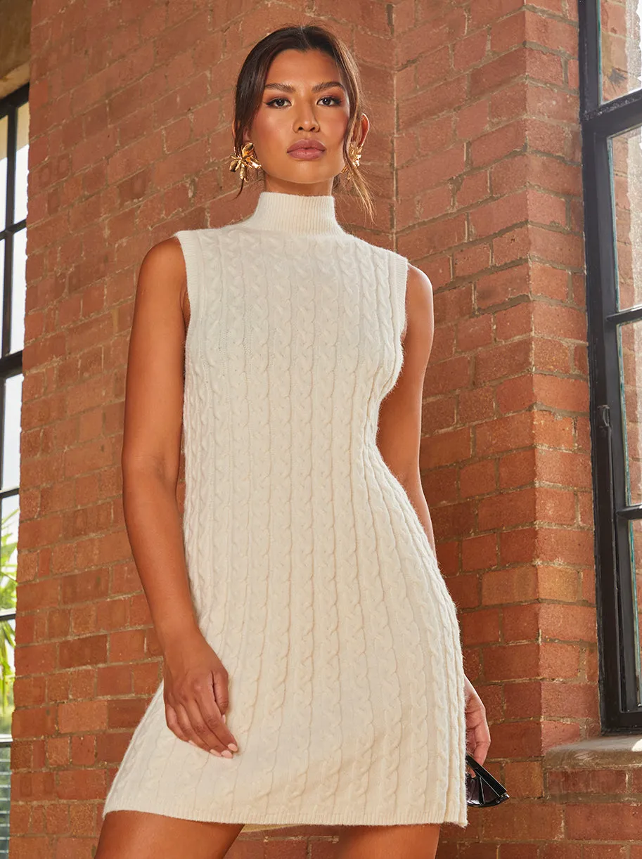 All-Over Knitted Cable High Neck Mini Dress in Cream sold by Chi Chi London product image thumbnail 4
