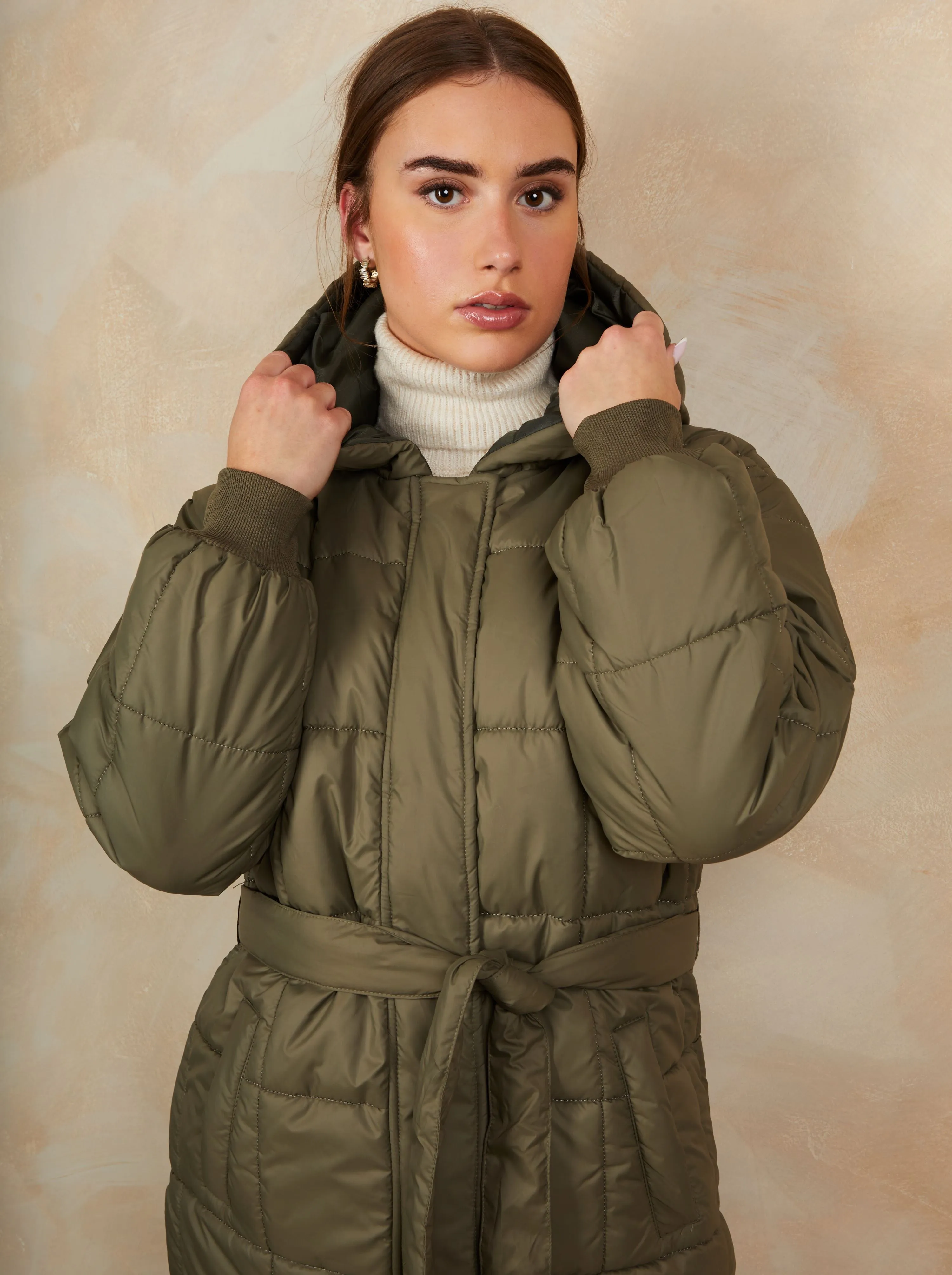 Check Padded Longline Belted Coat in Khaki sold by Chi Chi London