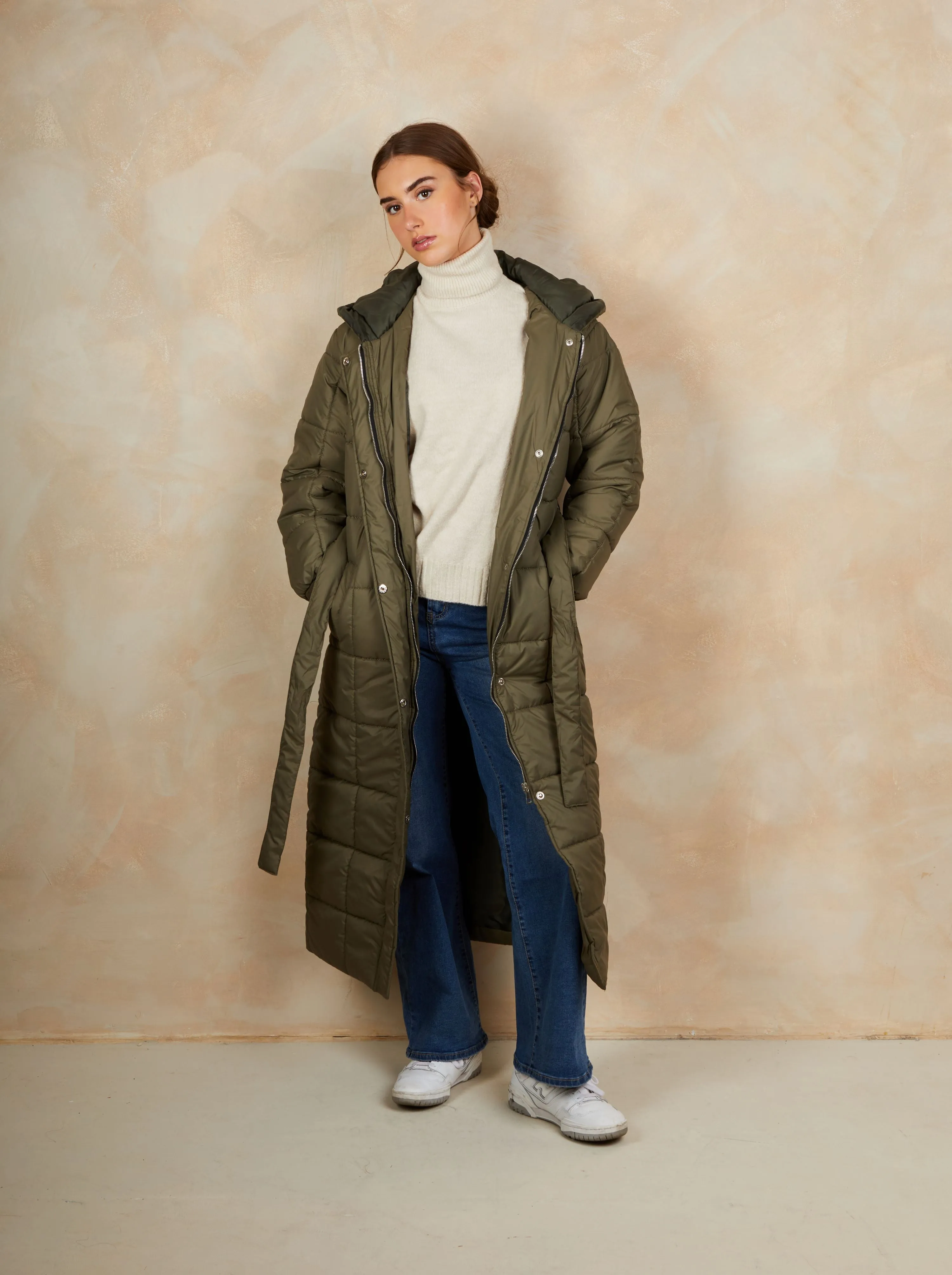 Check Padded Longline Belted Coat in Khaki sold by Chi Chi London product image thumbnail 2