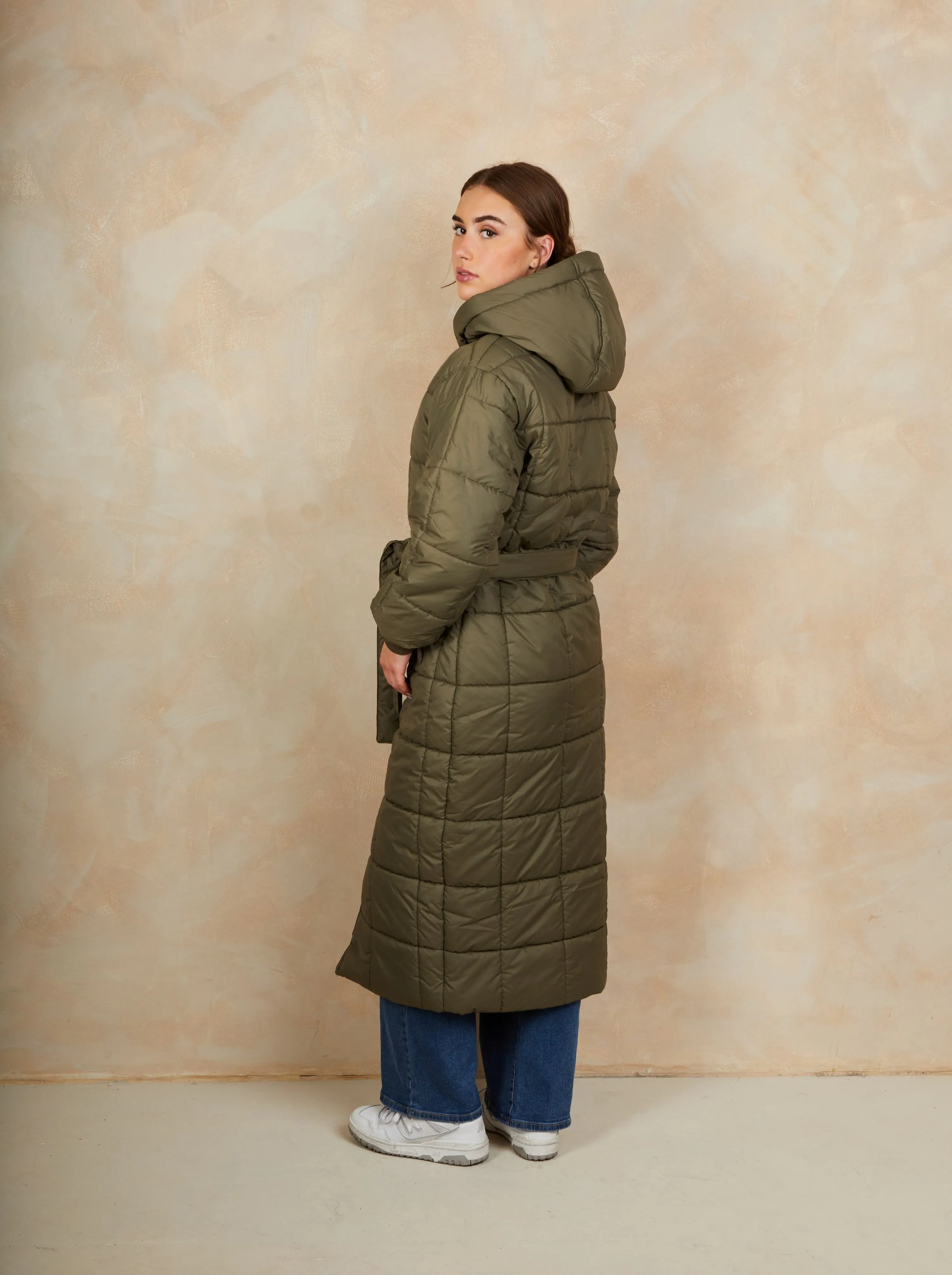 Check Padded Longline Belted Coat in Khaki sold by Chi Chi London product image thumbnail 3