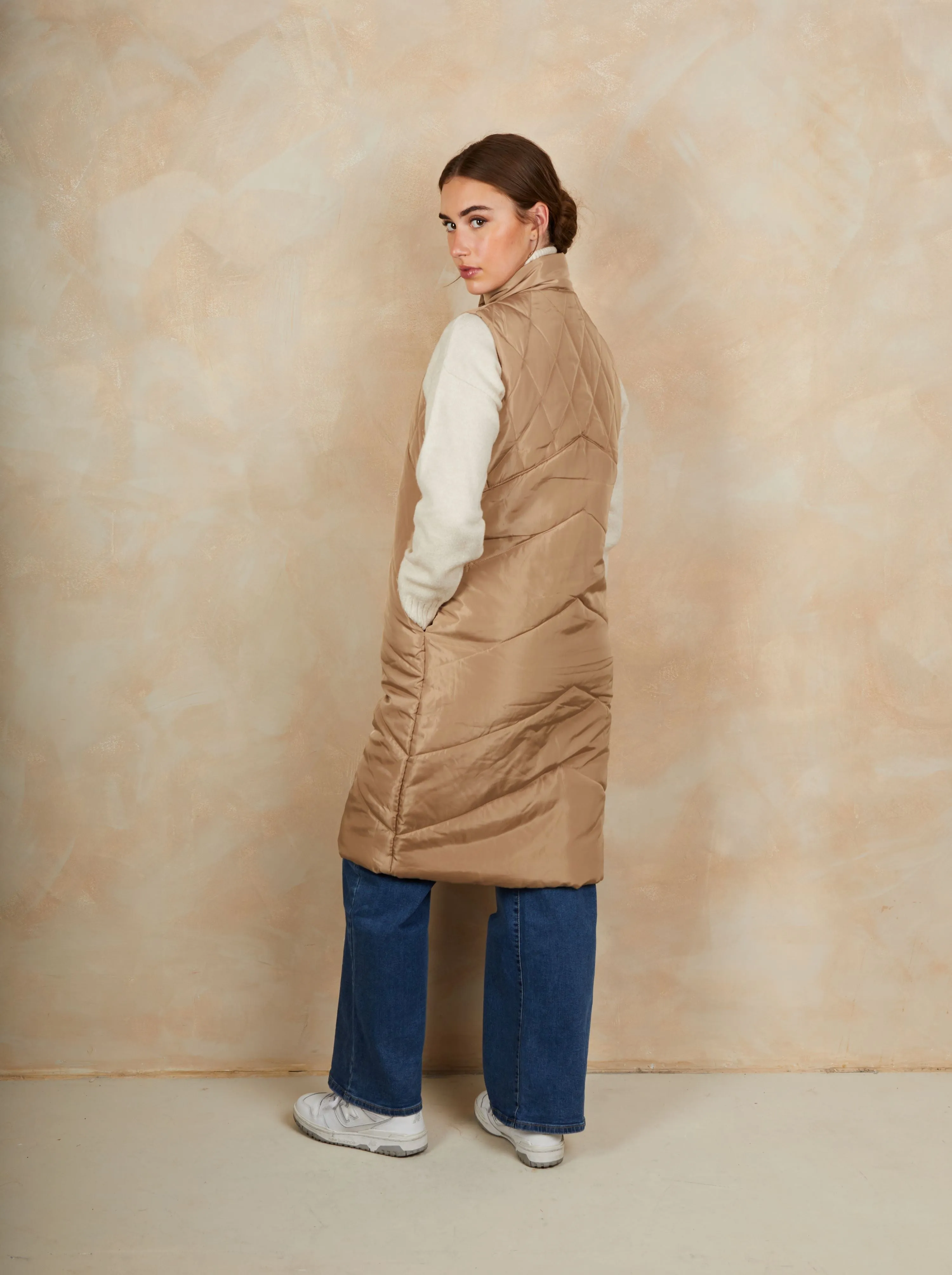 Diamond Quilt Detail Longline Padded Gilet in Tan sold by Chi Chi London product image thumbnail 3