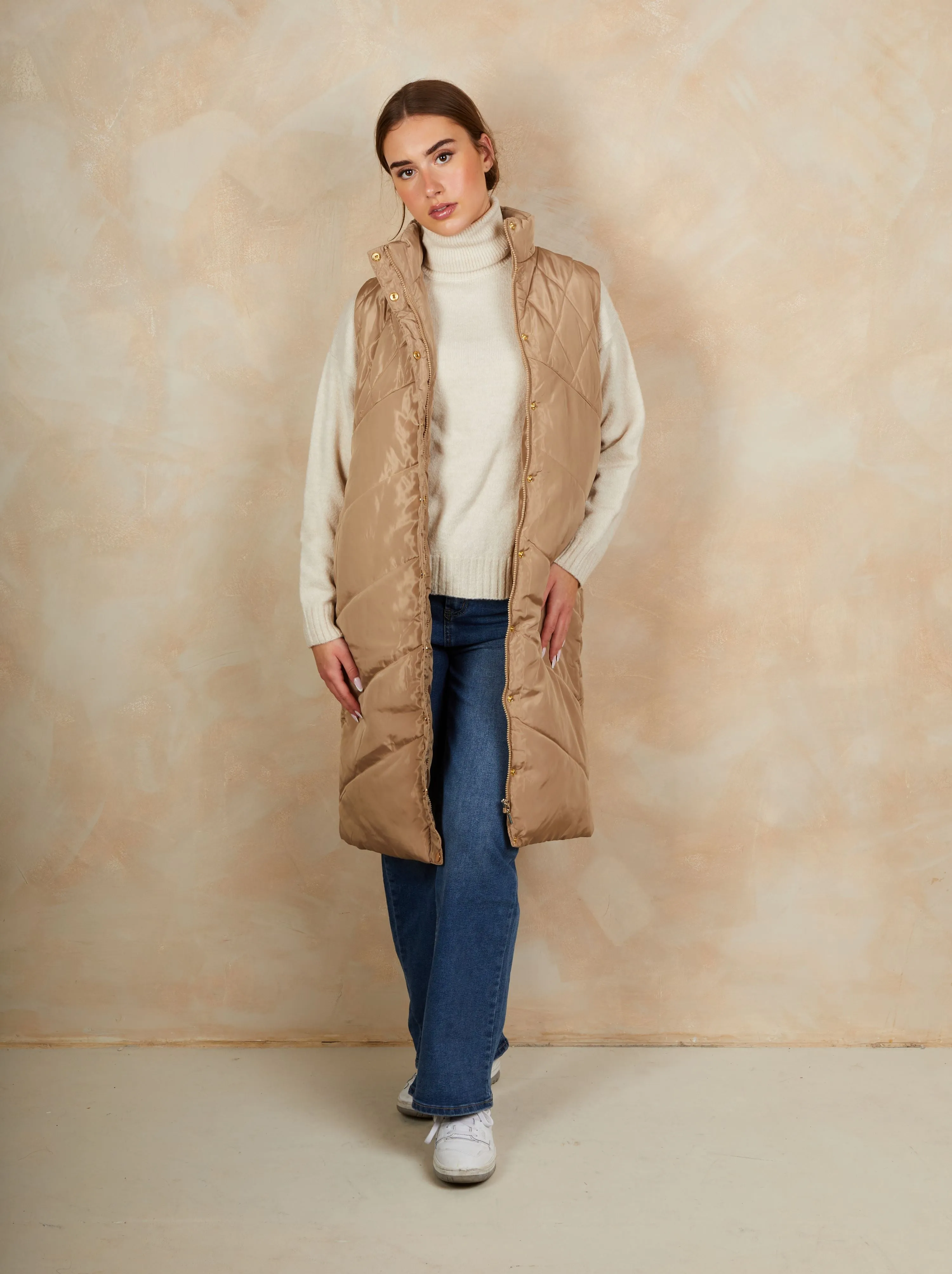 Diamond Quilt Detail Longline Padded Gilet in Tan sold by Chi Chi London product image thumbnail 4