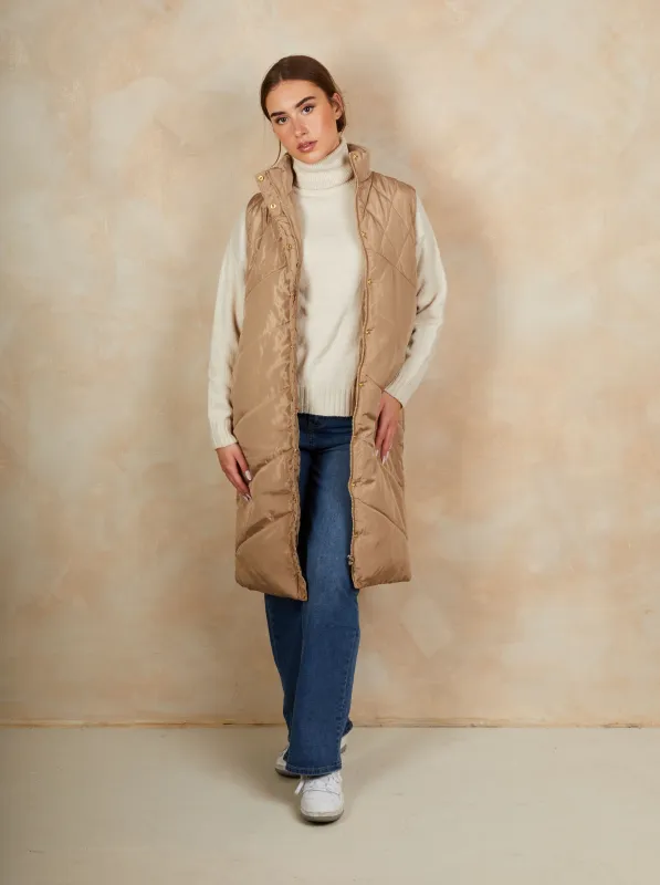 Diamond Quilt Detail Longline Padded Gilet in Tan sold by Chi Chi London