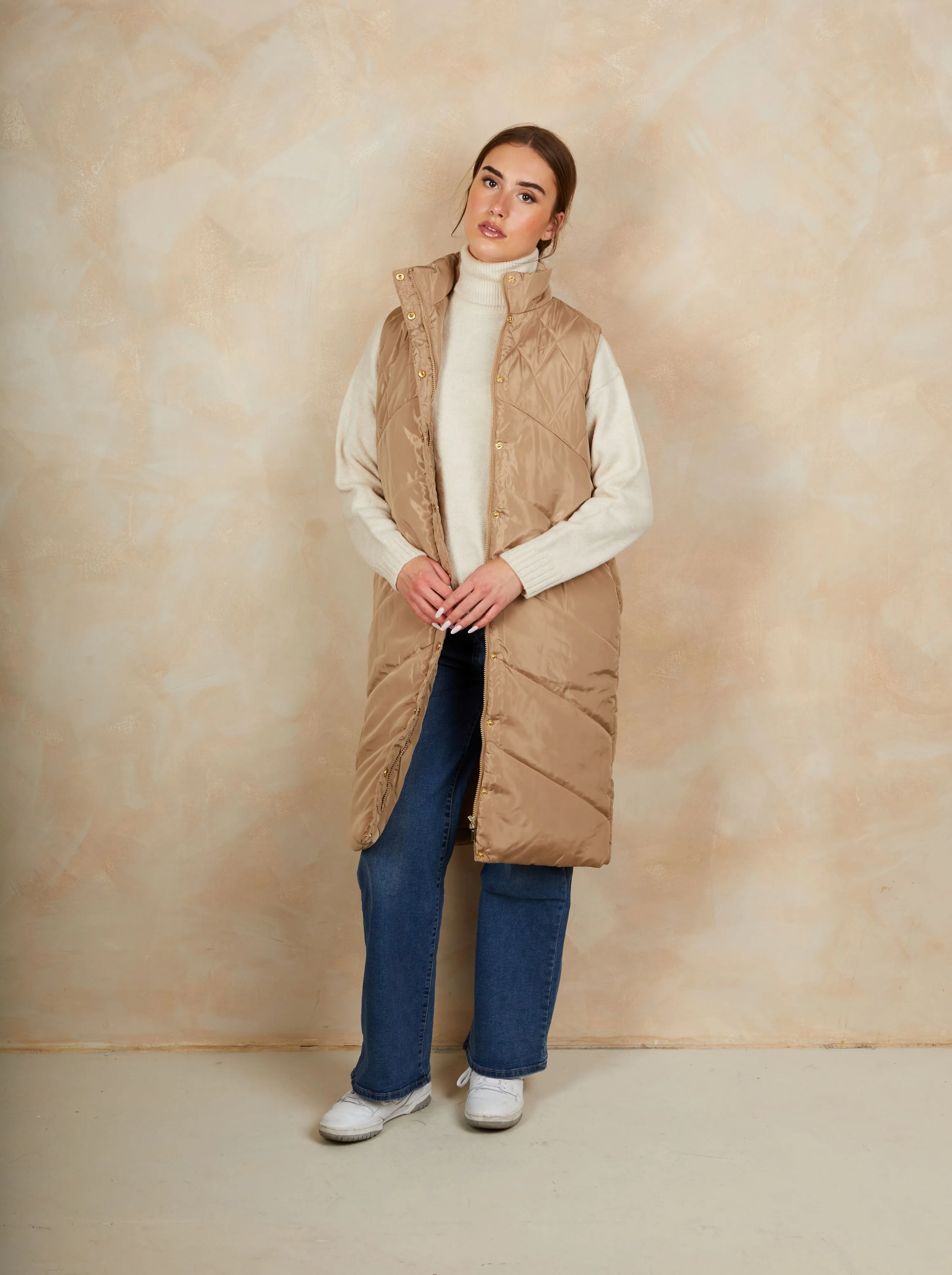 Diamond Quilt Detail Longline Padded Gilet in Tan sold by Chi Chi London product image thumbnail 5