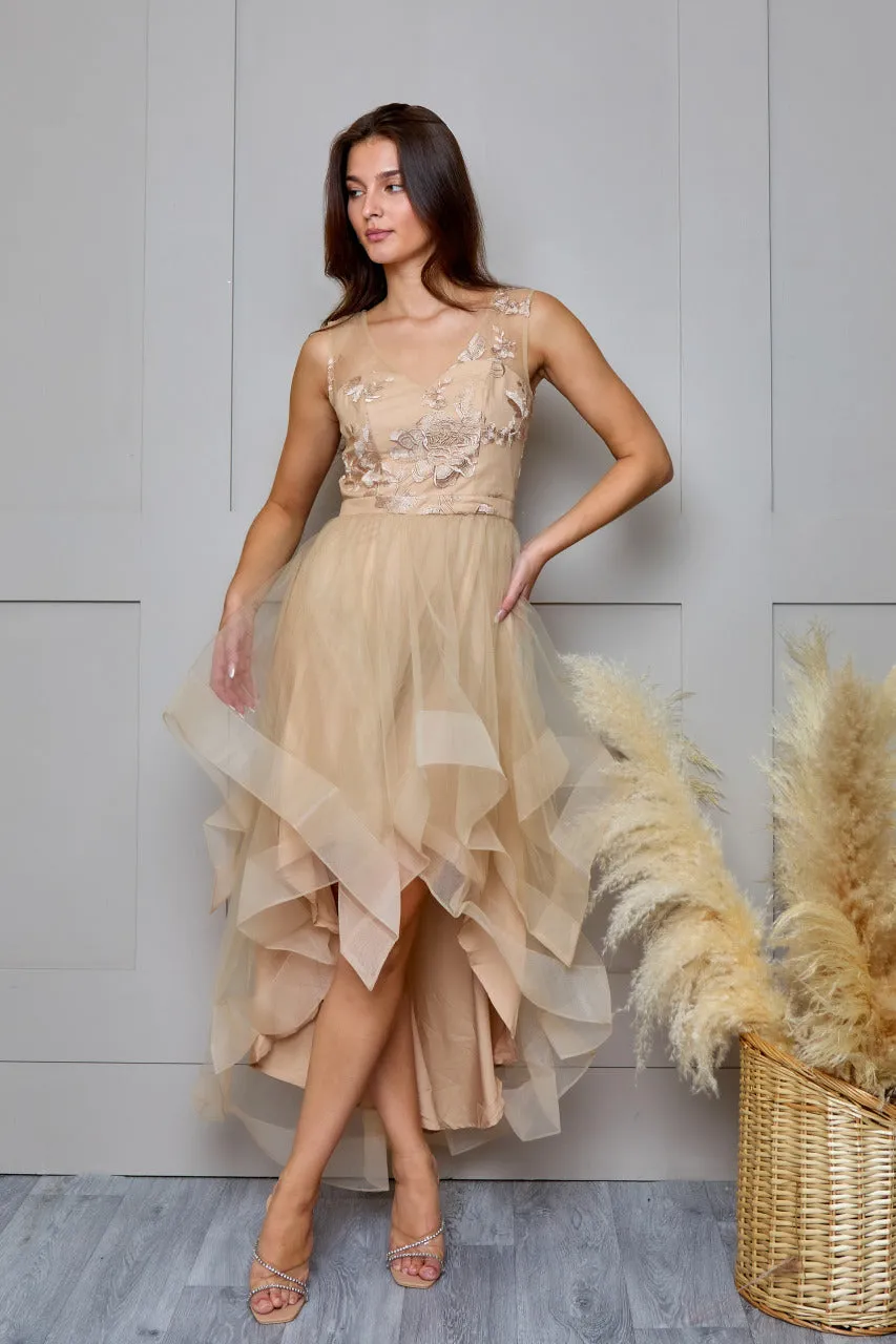 V Neck Embroidered Dip Hem Midi Dress in Beige sold by Chi Chi London product image thumbnail 2