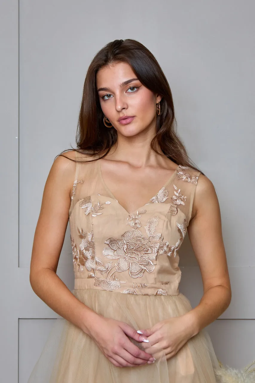 V Neck Embroidered Dip Hem Midi Dress in Beige sold by Chi Chi London product image thumbnail 3