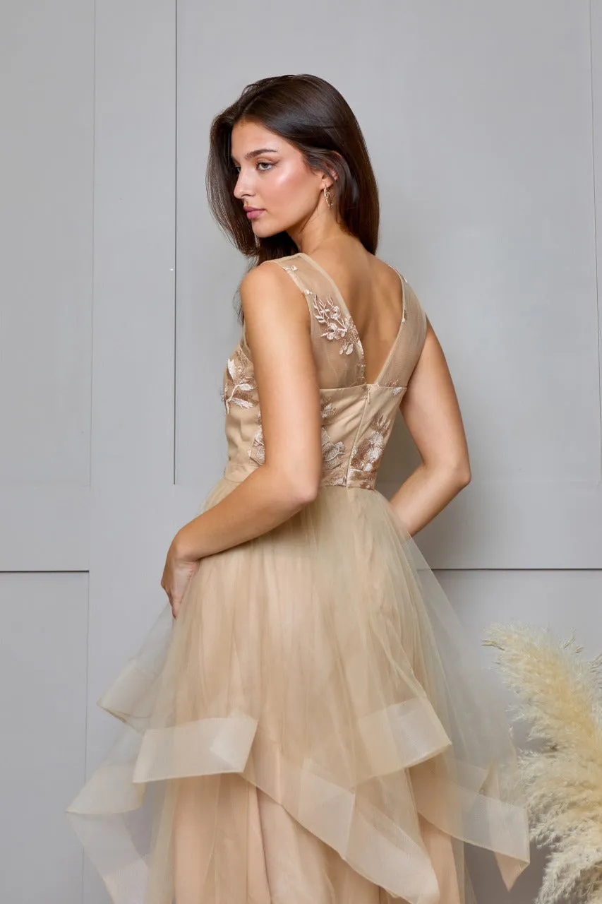 V Neck Embroidered Dip Hem Midi Dress in Beige sold by Chi Chi London product image thumbnail 4